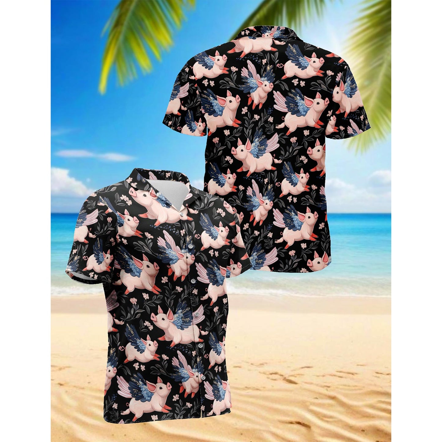 Netecom Flying Pig Hawaiian Shirt for Men, Button Down Summer Beach Short Sleeve, Pig Lover Gift, Sizes S-5XL