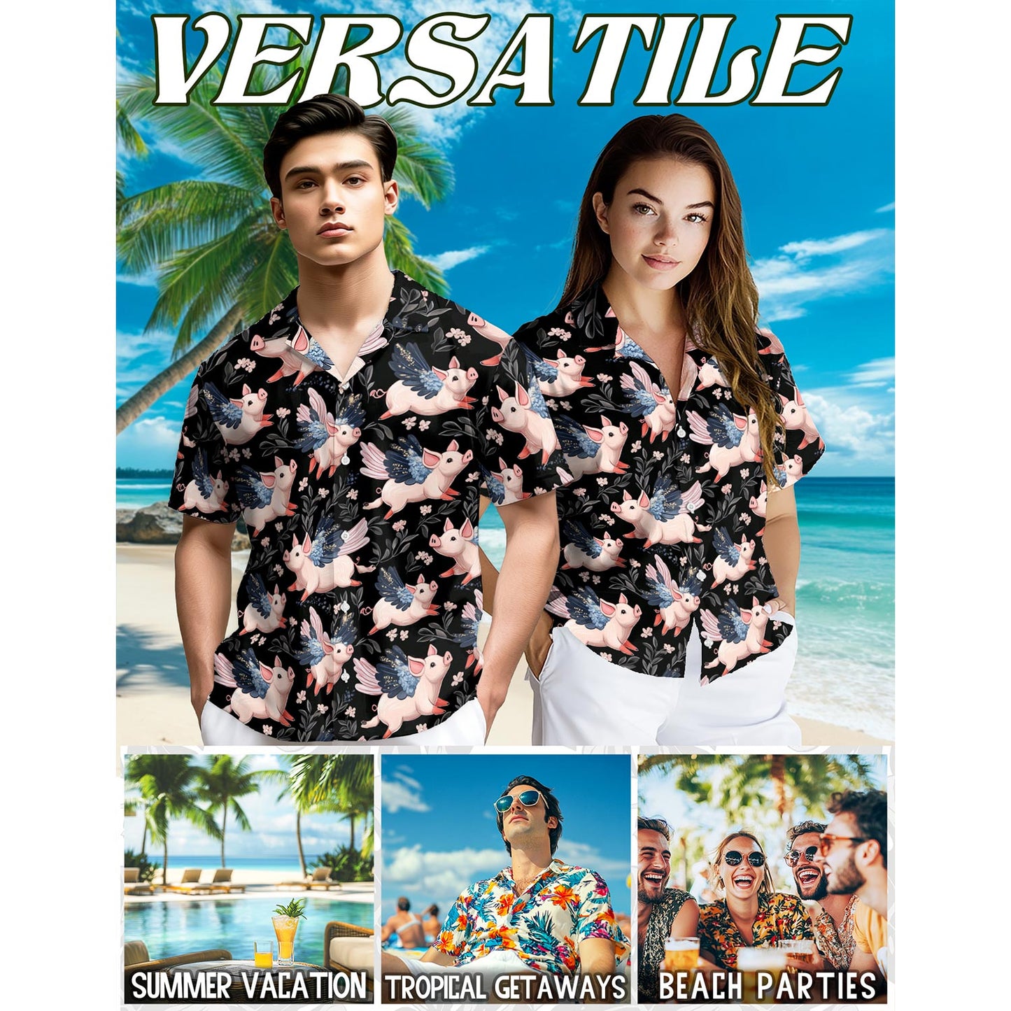 Netecom Flying Pig Hawaiian Shirt for Men, Button Down Summer Beach Short Sleeve, Pig Lover Gift, Sizes S-5XL