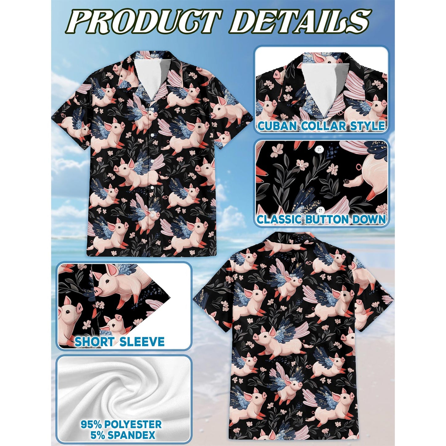 Netecom Flying Pig Hawaiian Shirt for Men, Button Down Summer Beach Short Sleeve, Pig Lover Gift, Sizes S-5XL
