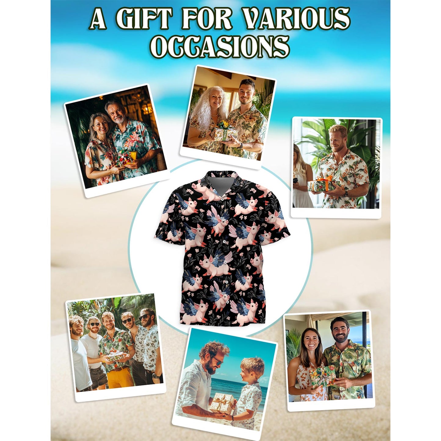 Netecom Flying Pig Hawaiian Shirt for Men, Button Down Summer Beach Short Sleeve, Pig Lover Gift, Sizes S-5XL
