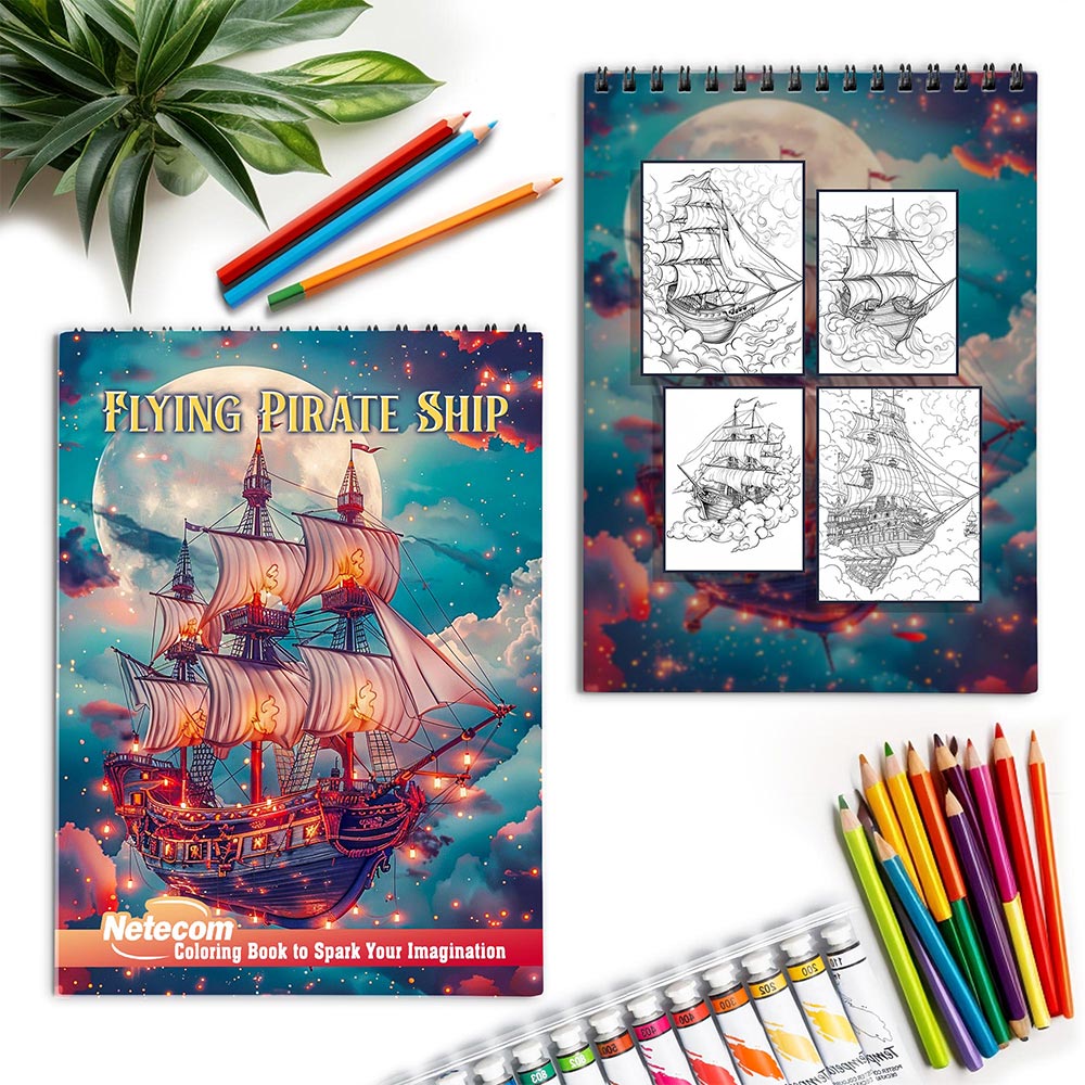 Netecom Flying Pirate Ship Spiral Coloring Book for Adults