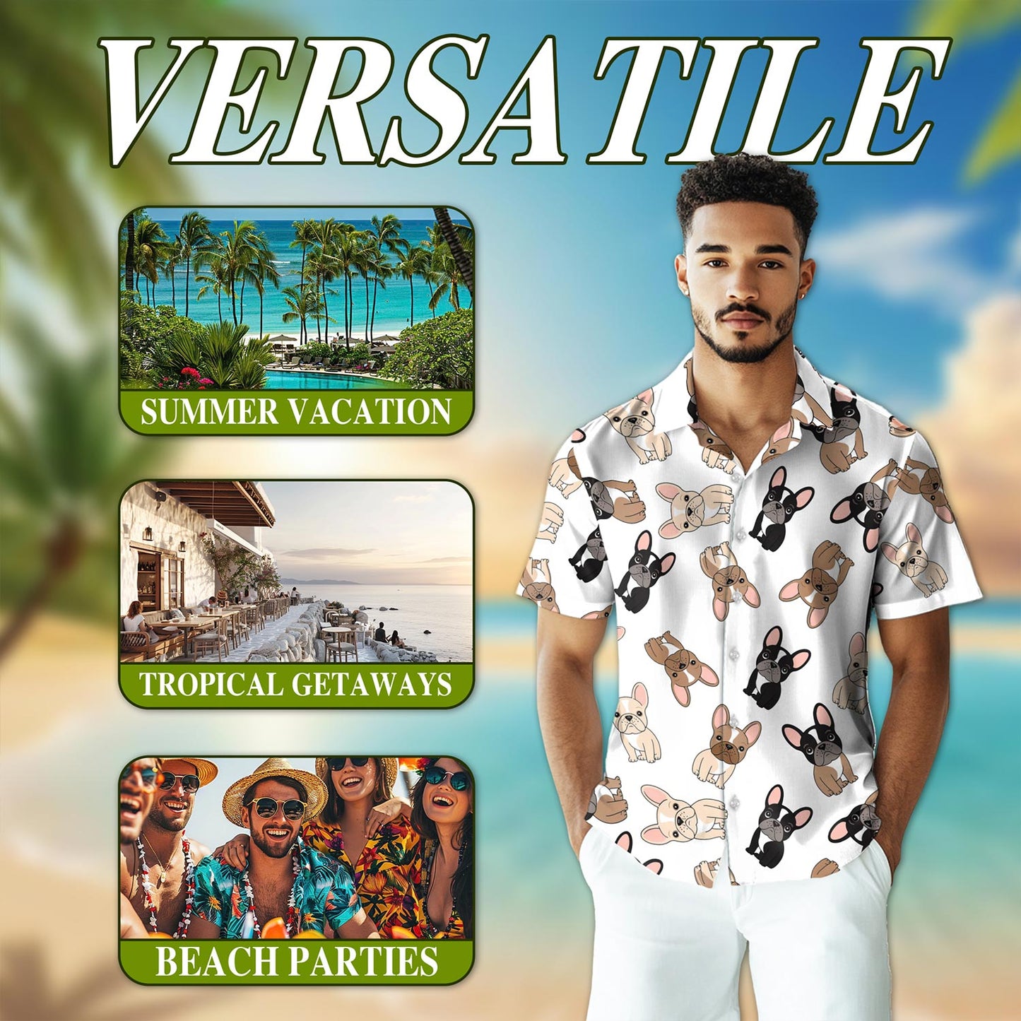 Netecom French Bulldog Hawaiian Shirt for Men, Button Down Summer Beach Short Sleeve, S-5XL