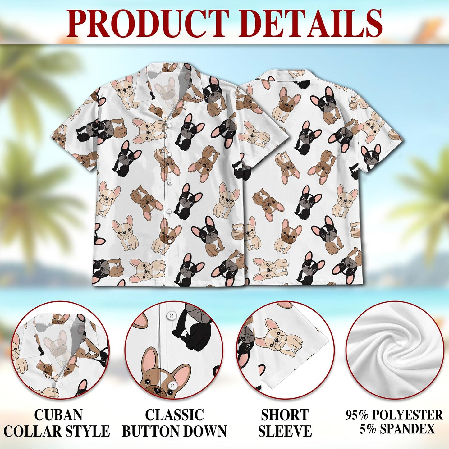 Netecom French Bulldog Hawaiian Shirt for Men, Button Down Summer Beach Short Sleeve, S-5XL