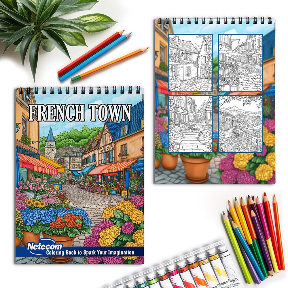 Netecom French Town Spiral Coloring Book for Adults