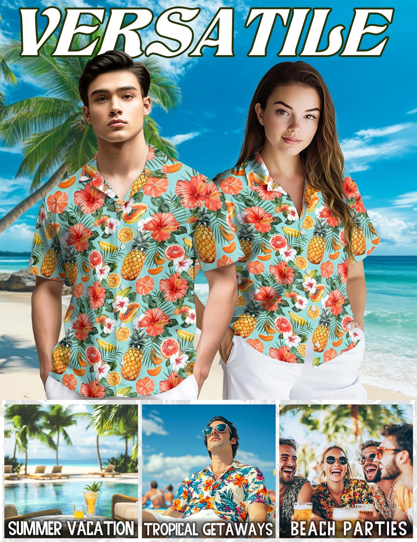 Netecom Fruits Pattern Hawaiian Shirt for Men, Tropical Style, Button Down Summer Beach Short Sleeve, S-5XL