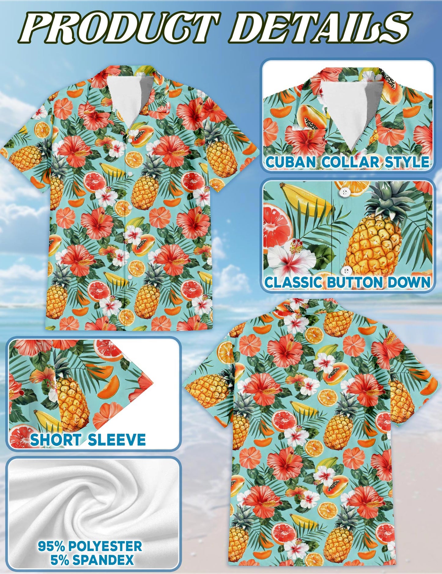 Netecom Fruits Pattern Hawaiian Shirt for Men, Tropical Style, Button Down Summer Beach Short Sleeve, S-5XL