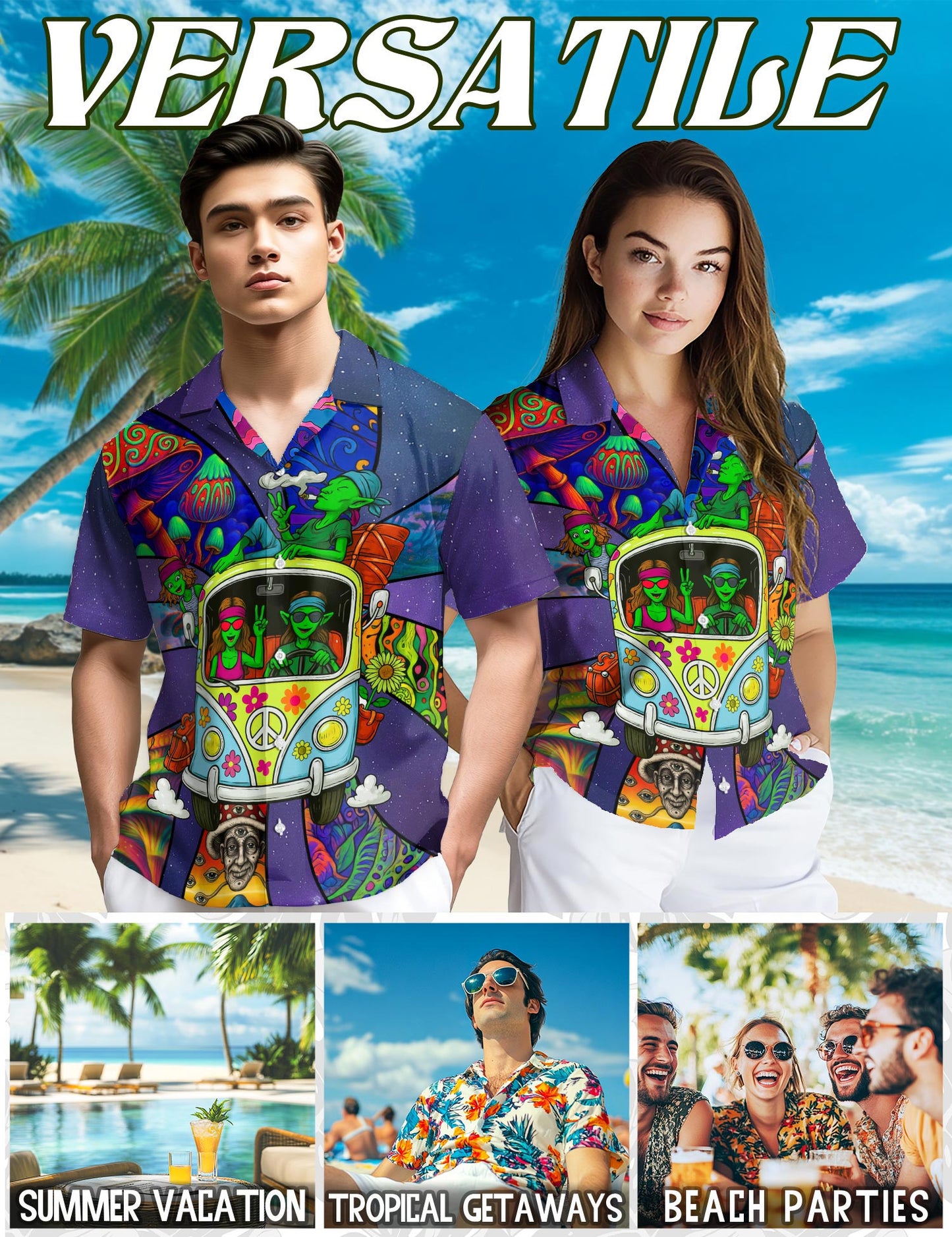 Netecom Funky Hippie Alien Hawaiian Shirt for Men, Alien Lover Gifts, Tropical Button Down Summer Aloha Beach Shirts, S-5XL