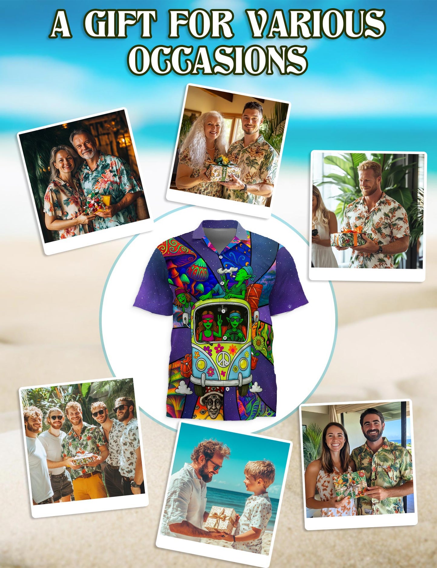 Netecom Funky Hippie Alien Hawaiian Shirt for Men, Alien Lover Gifts, Tropical Button Down Summer Aloha Beach Shirts, S-5XL
