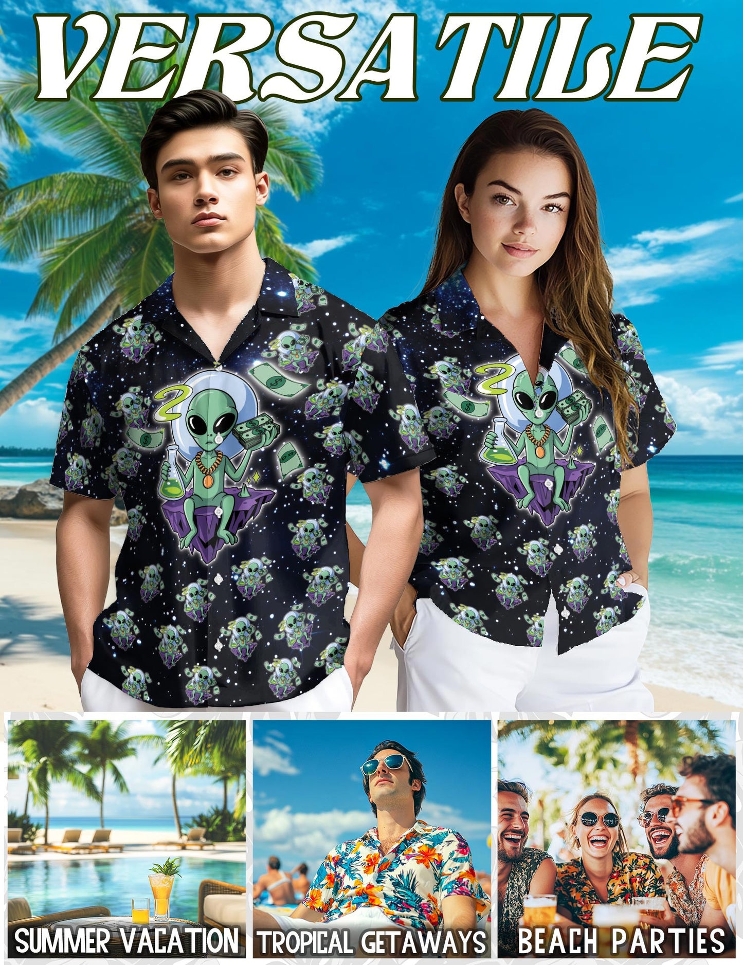 Netecom Funny Alien Hawaiian Shirt for Men, Button Down Summer Beach Short Sleeve, Sizes S-5XL