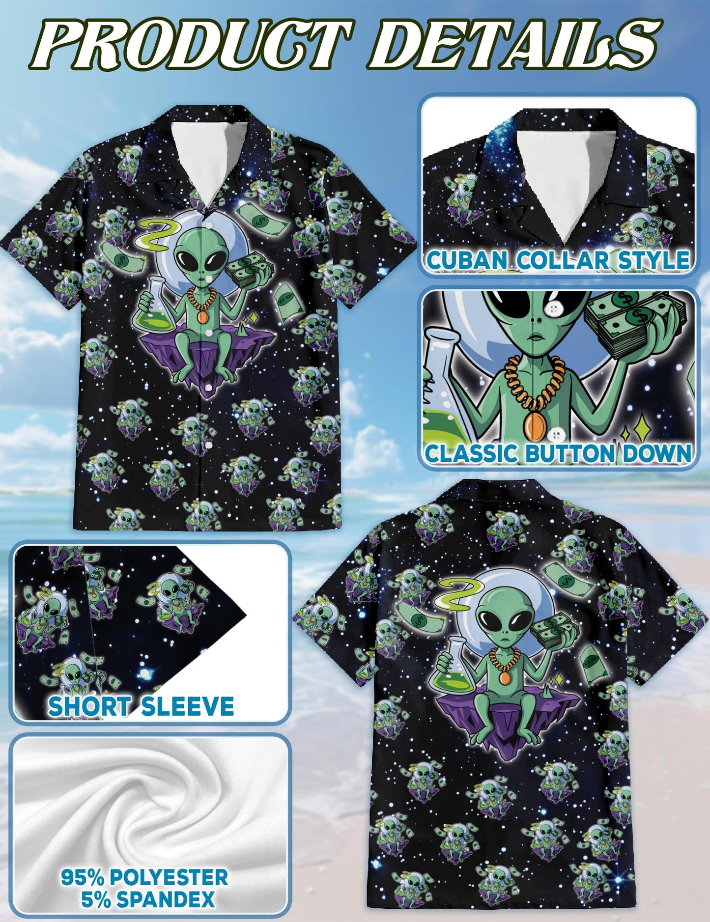 Netecom Funny Alien Hawaiian Shirt for Men, Button Down Summer Beach Short Sleeve, Sizes S-5XL