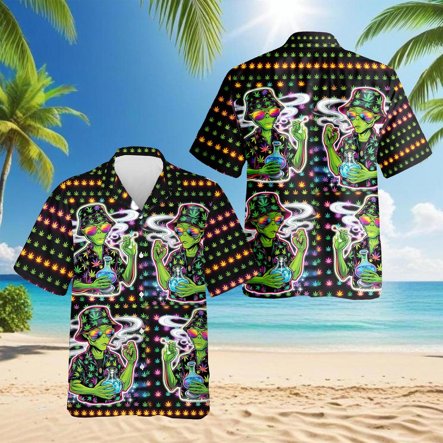 Netecom Funny Alien Smoking Hawaiian Shirt for Men, Button Down Summer Beach Short Sleeve, Sizes S-5XL