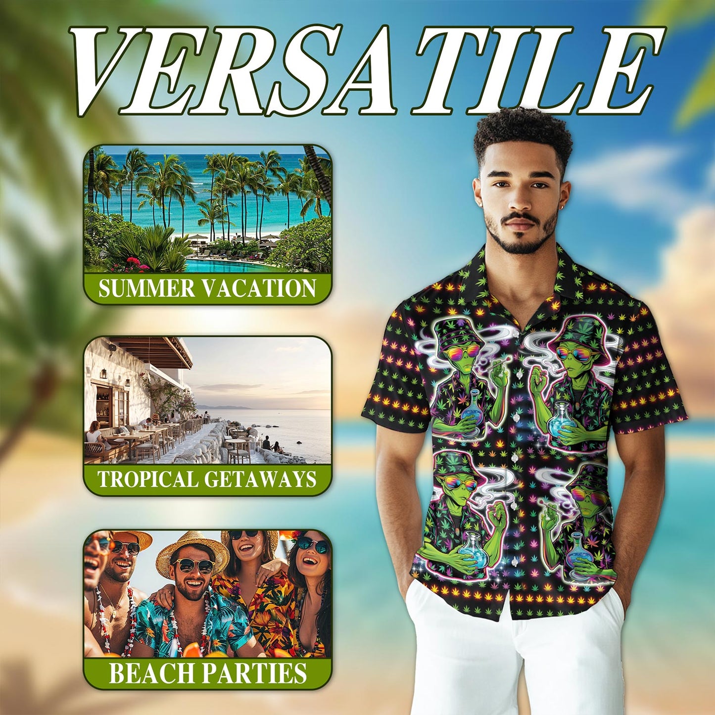 Netecom Funny Alien Smoking Hawaiian Shirt for Men, Button Down Summer Beach Short Sleeve, Sizes S-5XL