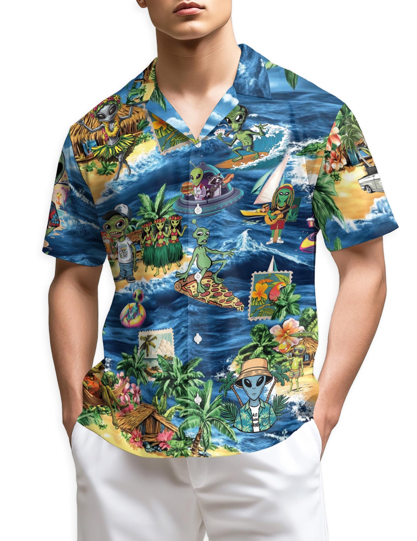 Netecom Funny Alien Surfing Hawaiian Shirt for Men