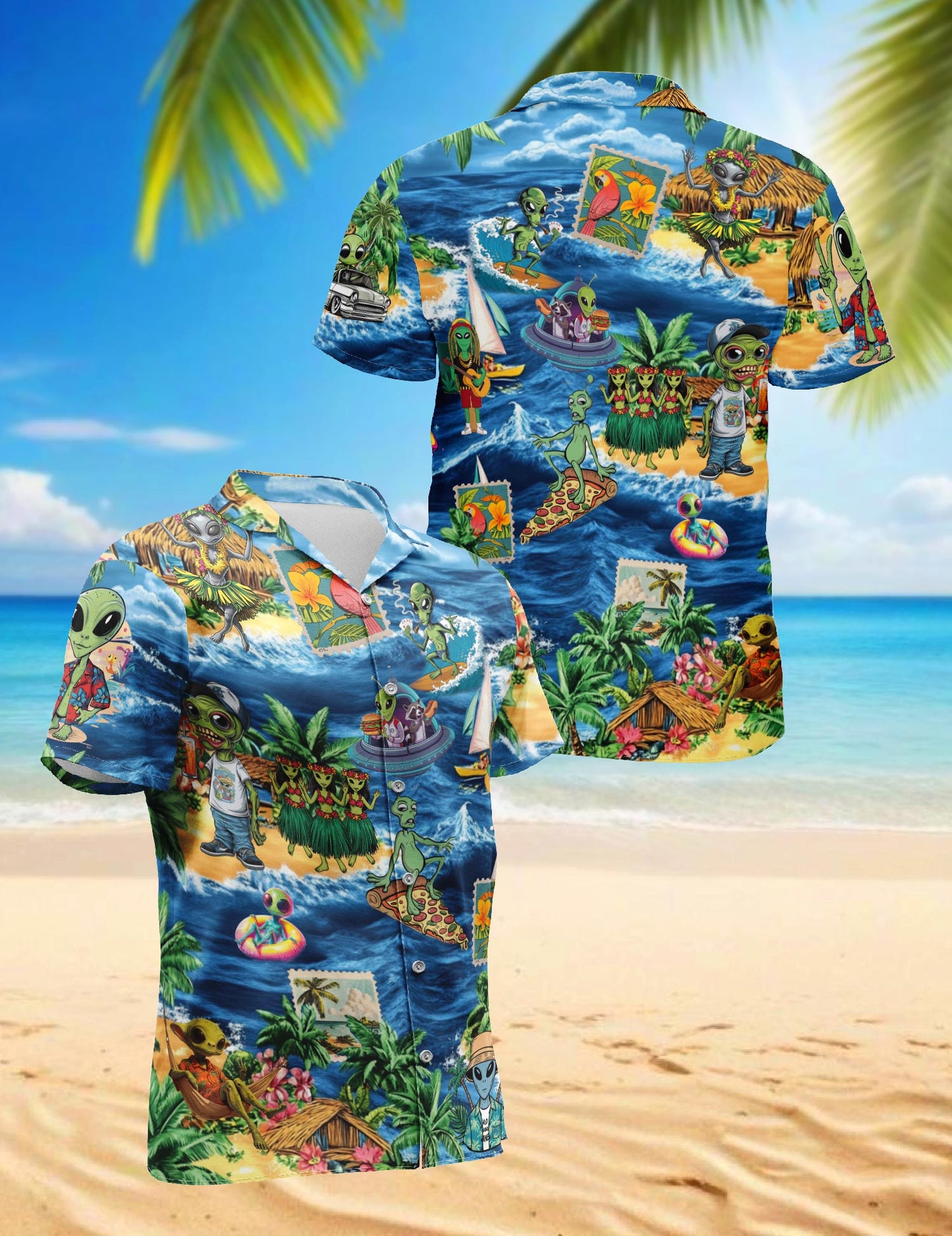 Netecom Funny Alien Surfing Hawaiian Shirt for Men, Button Down Summer Beach Short Sleeve, Fun Style, Sizes S-5XL
