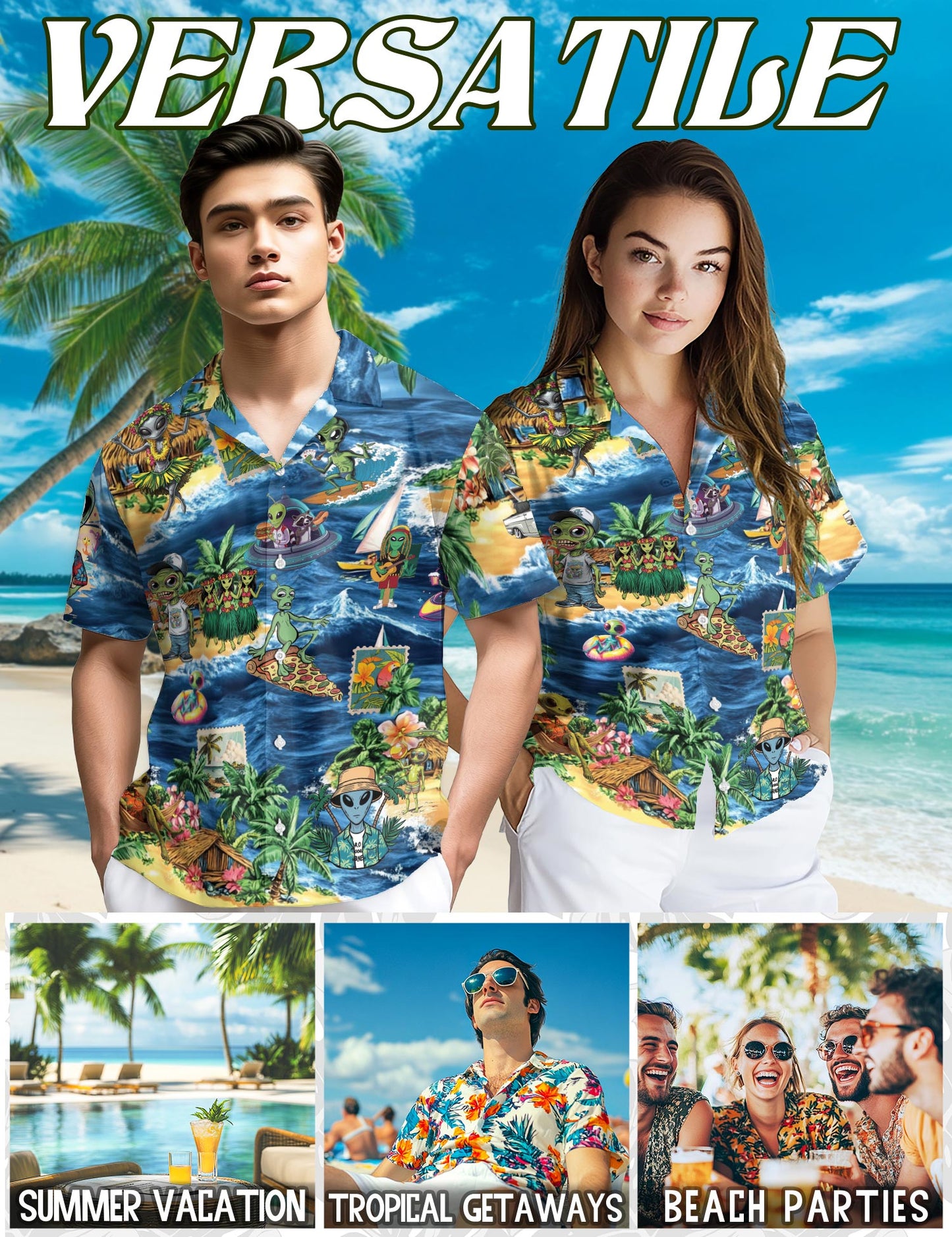 Netecom Funny Alien Surfing Hawaiian Shirt for Men, Button Down Summer Beach Short Sleeve, Fun Style, Sizes S-5XL