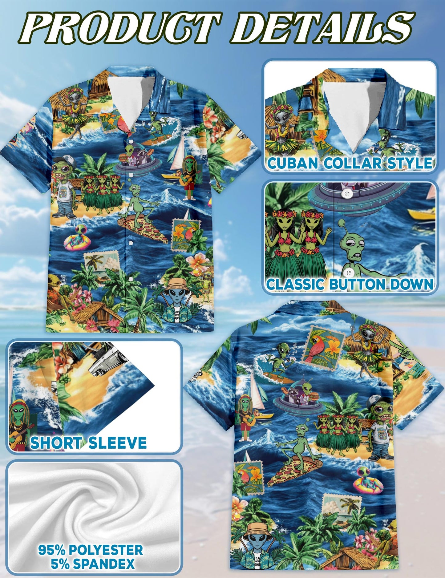 Netecom Funny Alien Surfing Hawaiian Shirt for Men, Button Down Summer Beach Short Sleeve, Fun Style, Sizes S-5XL