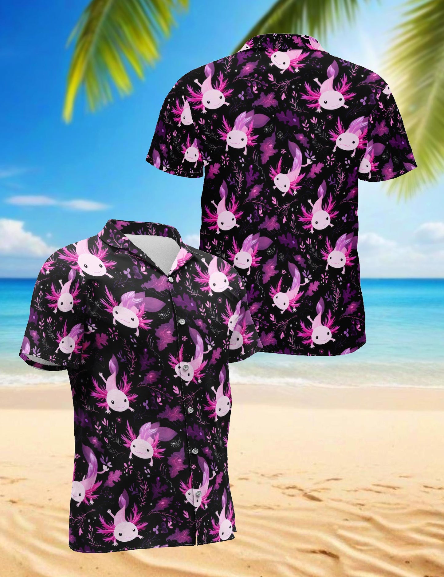 Netecom Funny Axolotl Hawaiian Shirt for Men, Cartoon Amphibian Style, Tropical Summer Beach Button Down Short Sleeve Shirts, S-5XL