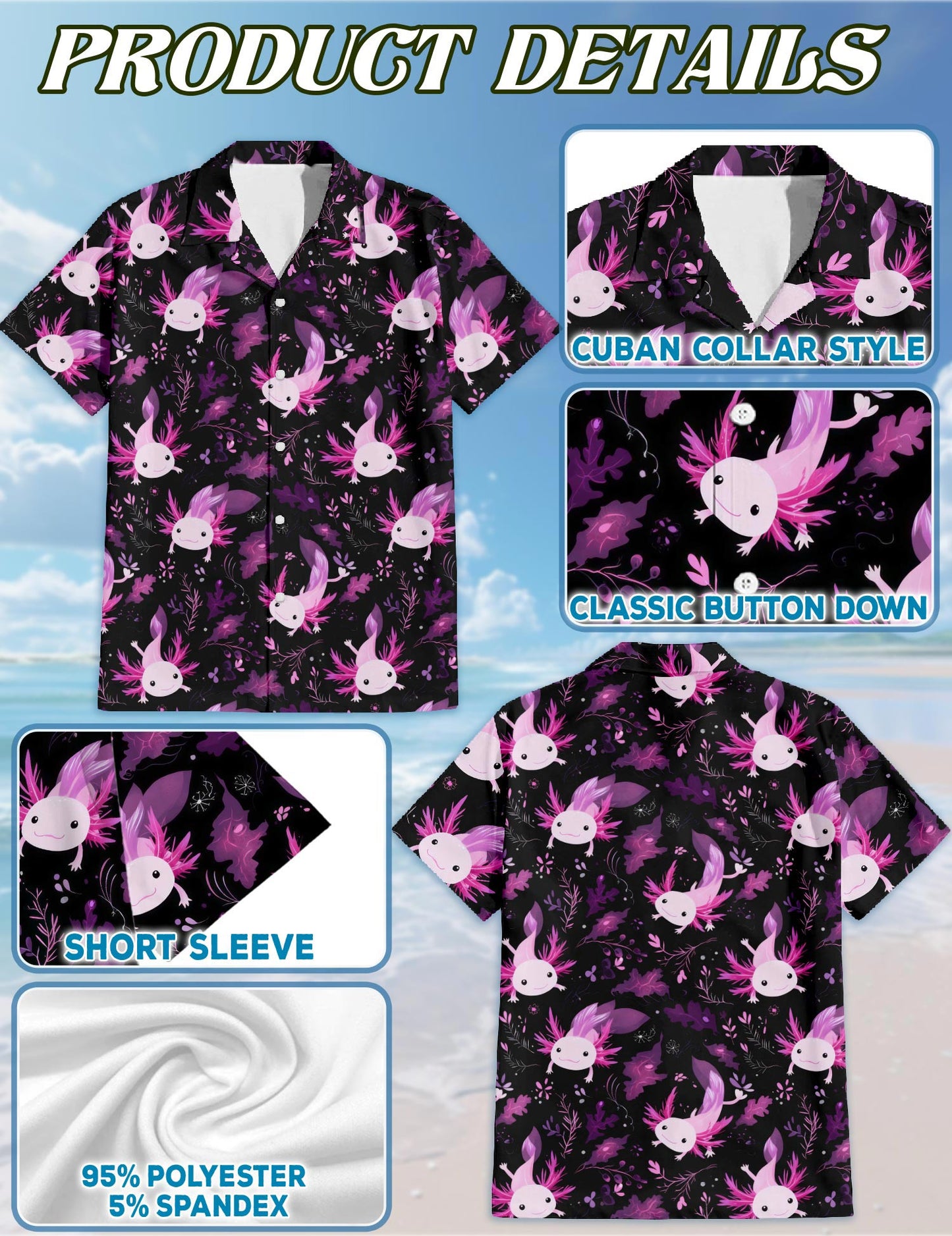 Netecom Funny Axolotl Hawaiian Shirt for Men, Cartoon Amphibian Style, Tropical Summer Beach Button Down Short Sleeve Shirts, S-5XL