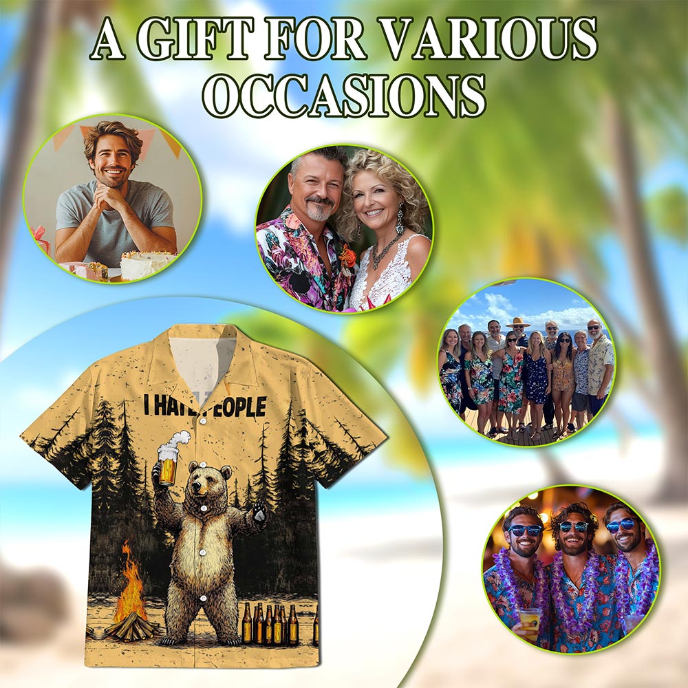 Netecom Funny Bear Drinks Beer Hawaiian Shirt for Men, Vintage Camping Button Down Summer Beach Short Sleeve, Sizes S-5XL