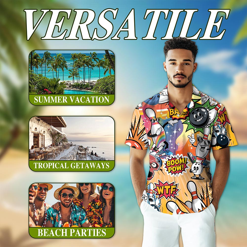 Netecom Funny Bowling Hawaiian Shirt for Men, Button Down Summer Beach Short Sleeve, S-5XL