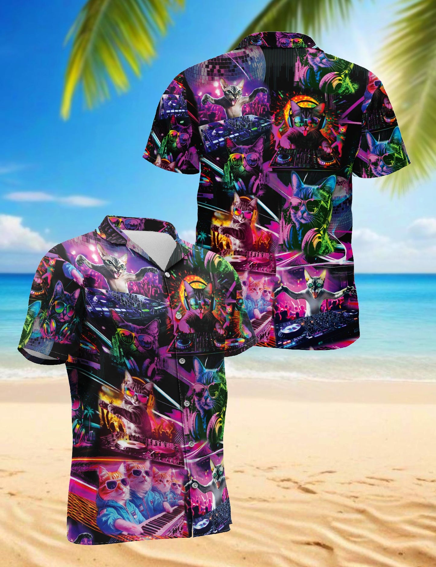 Netecom Funny Cat Playing DJ Hawaiian Shirts for Men, Cat Lover Gifts, Animal Button Down Summer Aloha Beach Shirts, S-5XL