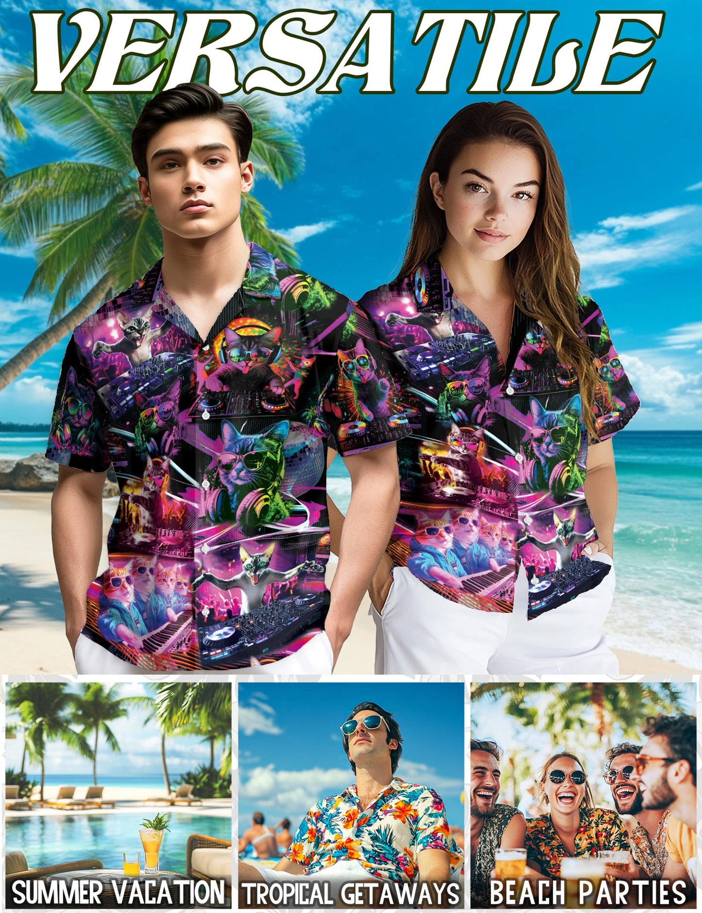 Netecom Funny Cat Playing DJ Hawaiian Shirts for Men, Cat Lover Gifts, Animal Button Down Summer Aloha Beach Shirts, S-5XL