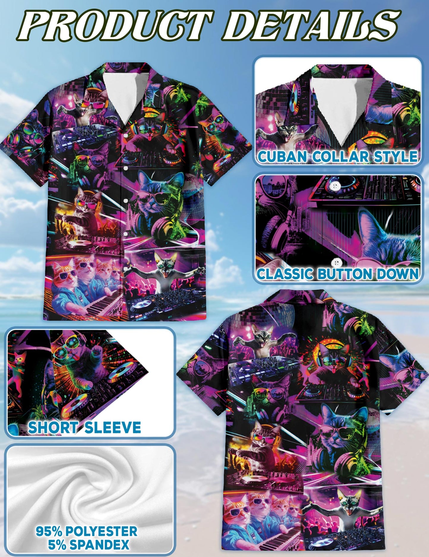 Netecom Funny Cat Playing DJ Hawaiian Shirts for Men, Cat Lover Gifts, Animal Button Down Summer Aloha Beach Shirts, S-5XL