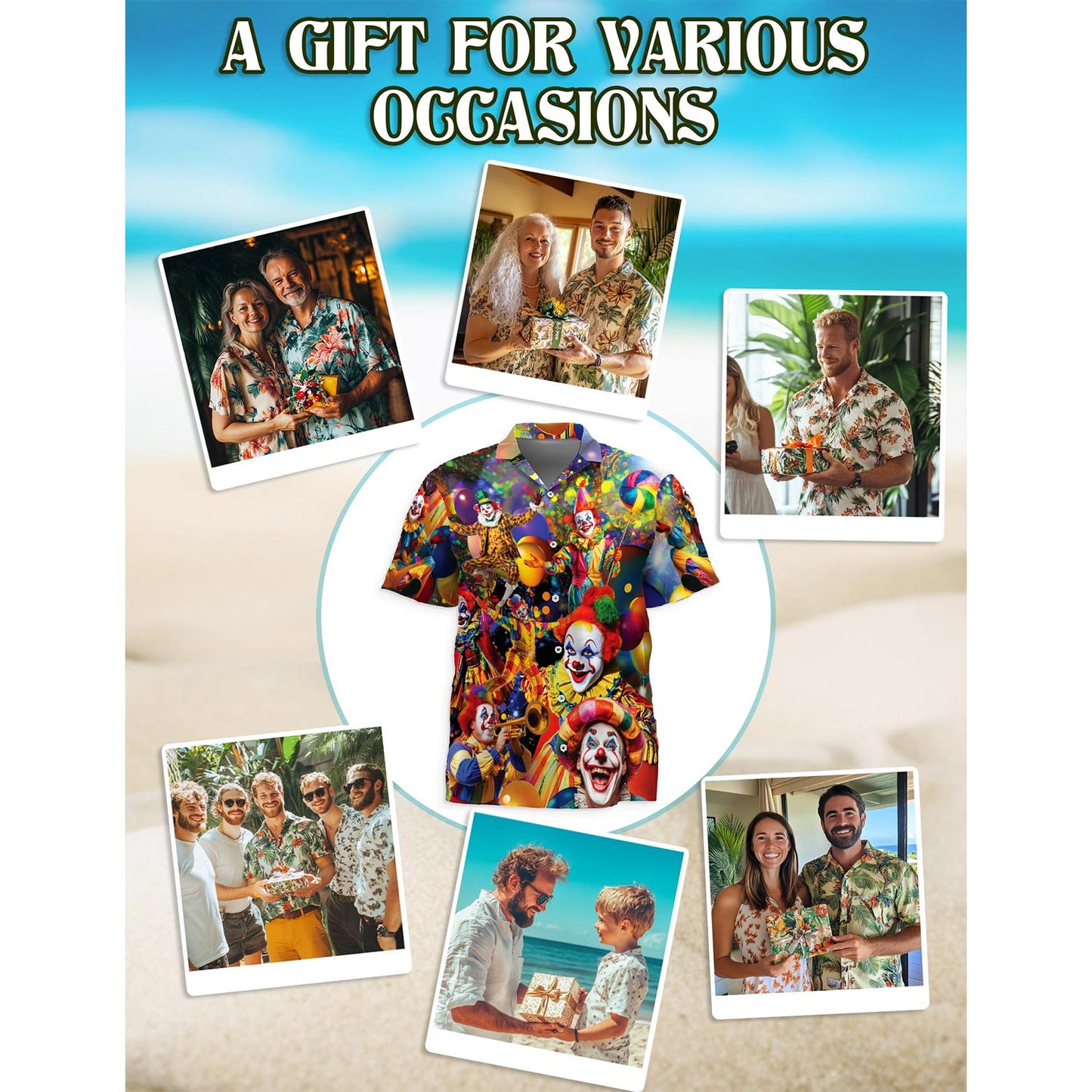 Netecom Funny Clown Hawaiian Shirt for Men, Button Down Summer Beach Short Sleeve, Sizes S-5XL
