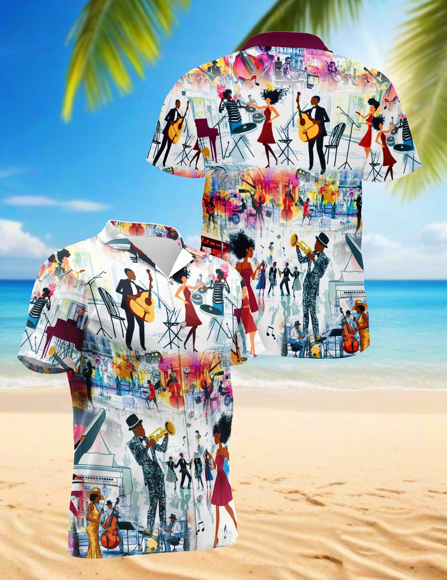 Netecom Funny Jazz Hawaiian Shirt for Men, Retro Style, Button Down Summer Beach Short Sleeve, S-5XL