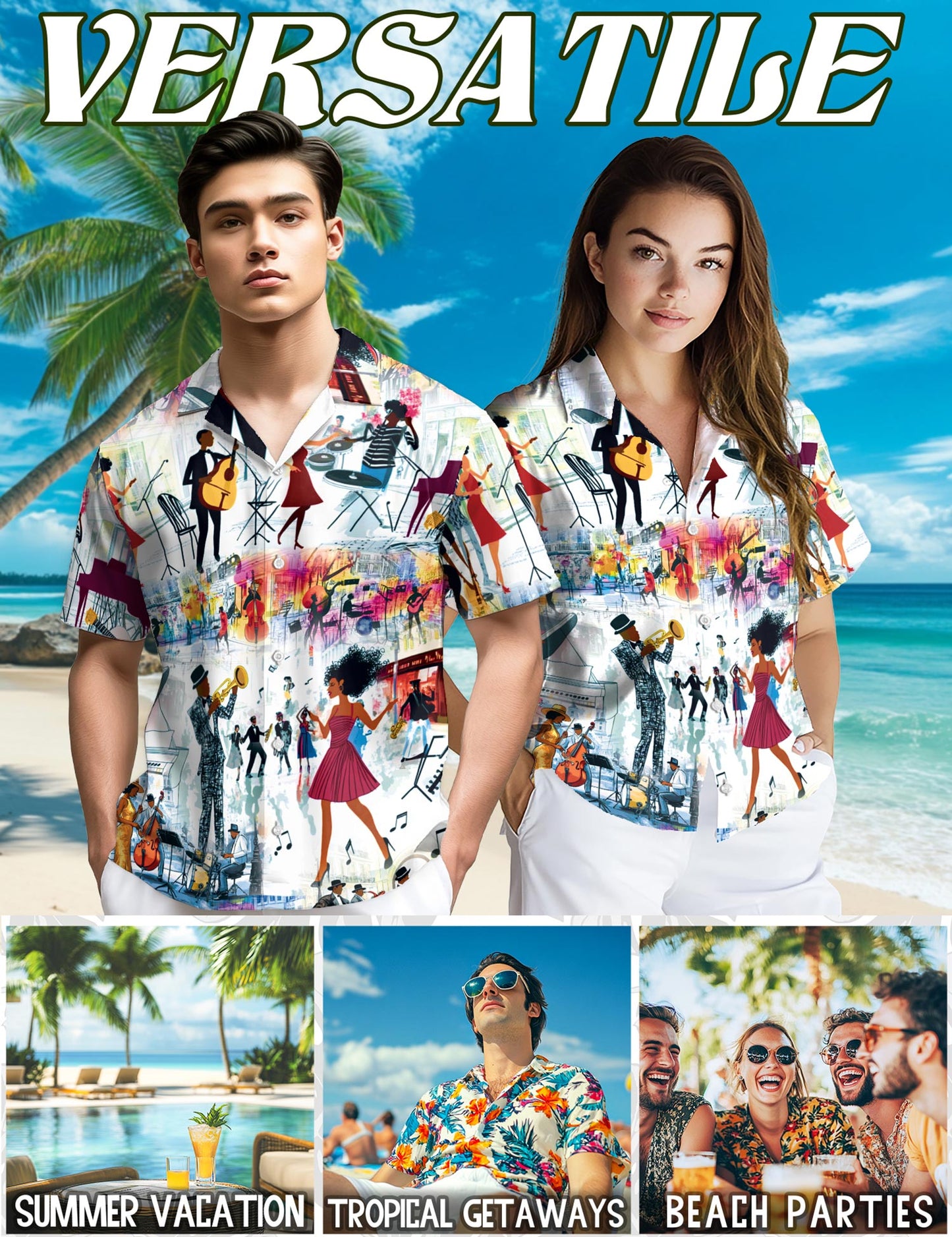 Netecom Funny Jazz Hawaiian Shirt for Men, Retro Style, Button Down Summer Beach Short Sleeve, S-5XL
