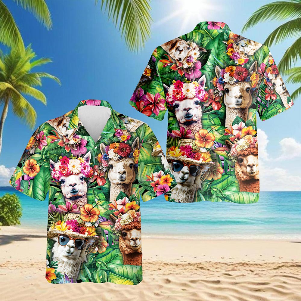 Netecom Funny Llama Hawaiian Shirt for Men, Tropical Style, Button Down Summer Beach Short Sleeve, S-5XL