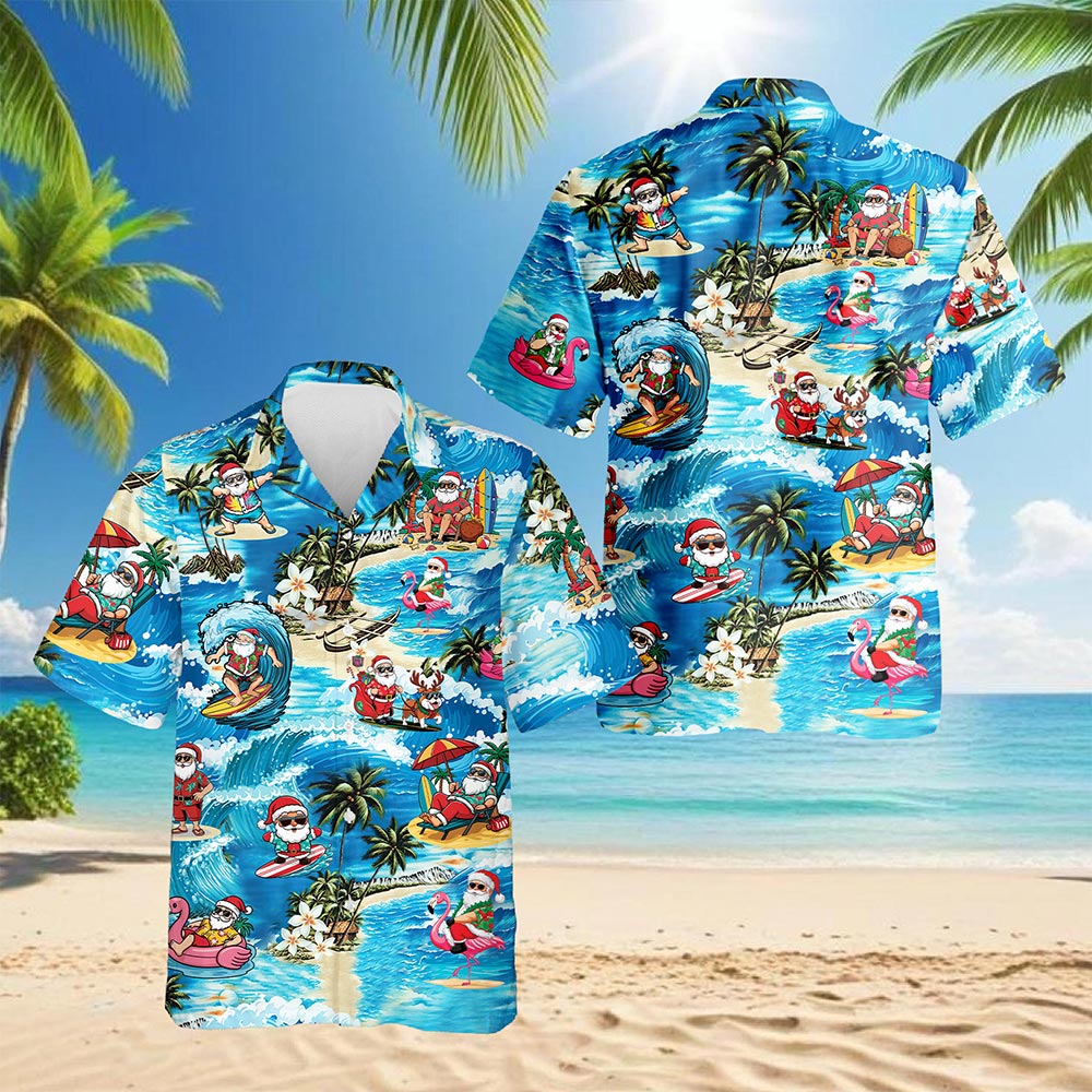 Netecom Funny Santa Claus Surfing Dolphin Hawaiian Shirt for Men, Tropical Style, Button Down Summer Beach Short Sleeve, S-5XL