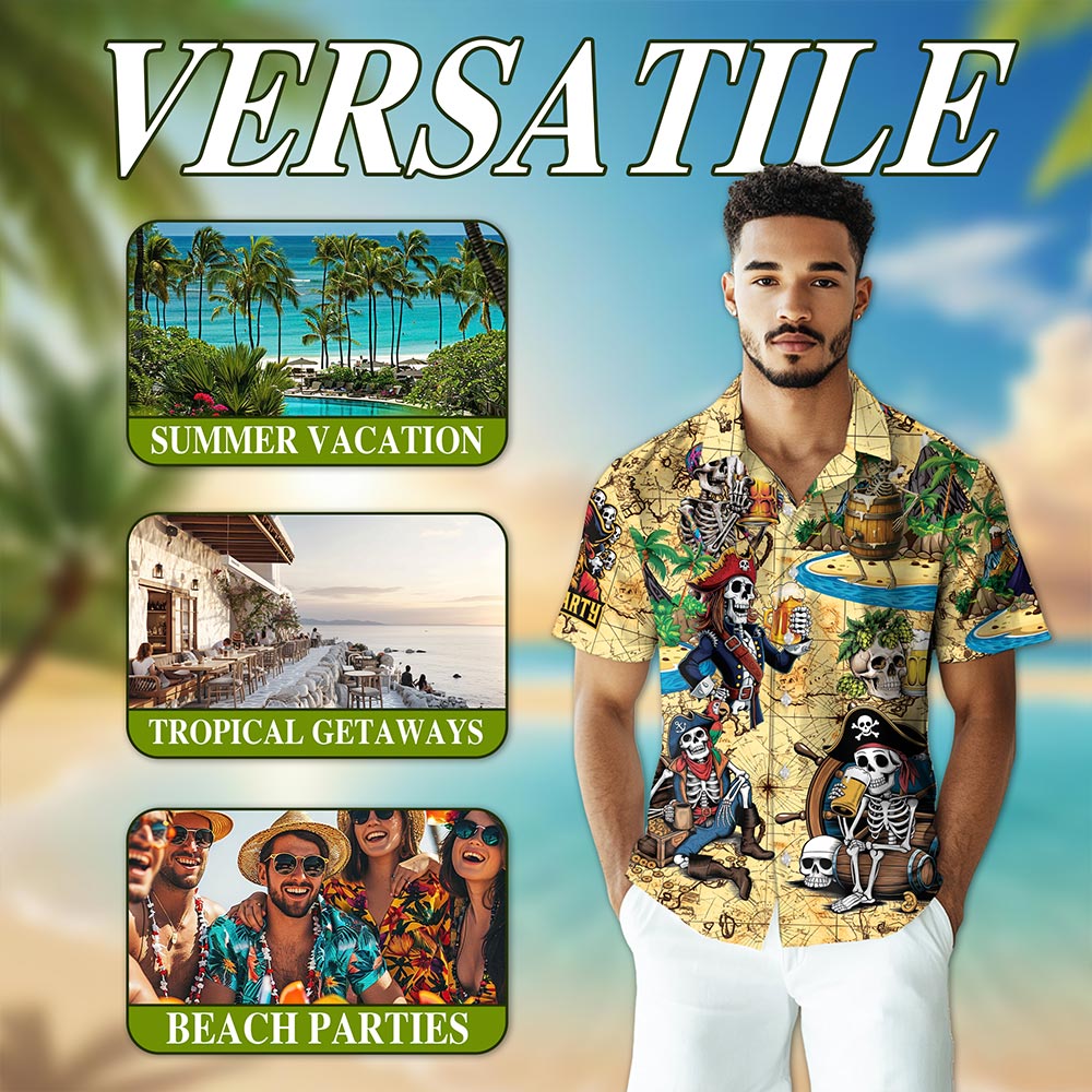 Netecom Funny Skull Pirates Drinking Beer Hawaiian Shirt for Men, Tropical Button Down Summer Beach Short Sleeve Shirts, S-5XL