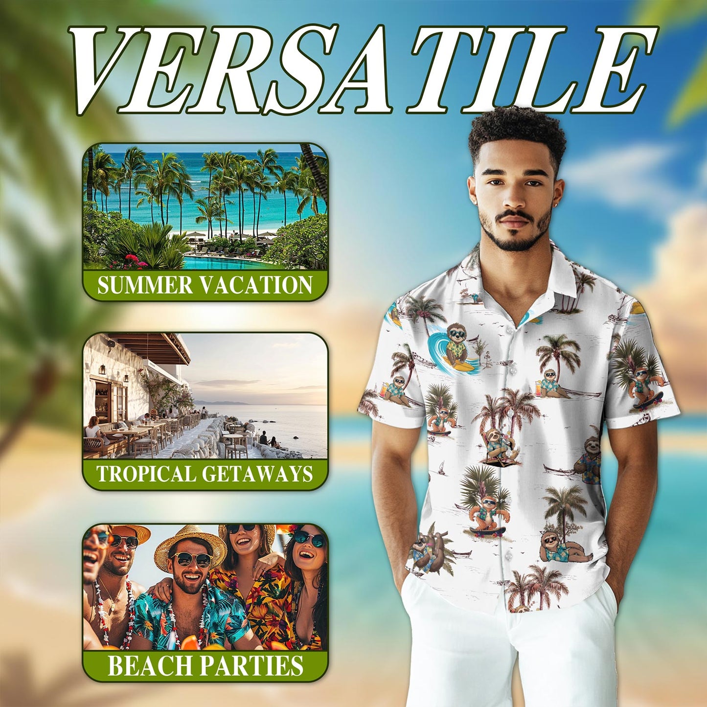 Netecom Funny Sloth Pattern Hawaiian Shirt for Men, Retro Style, Button Down Summer Beach Short Sleeve, S-5XL