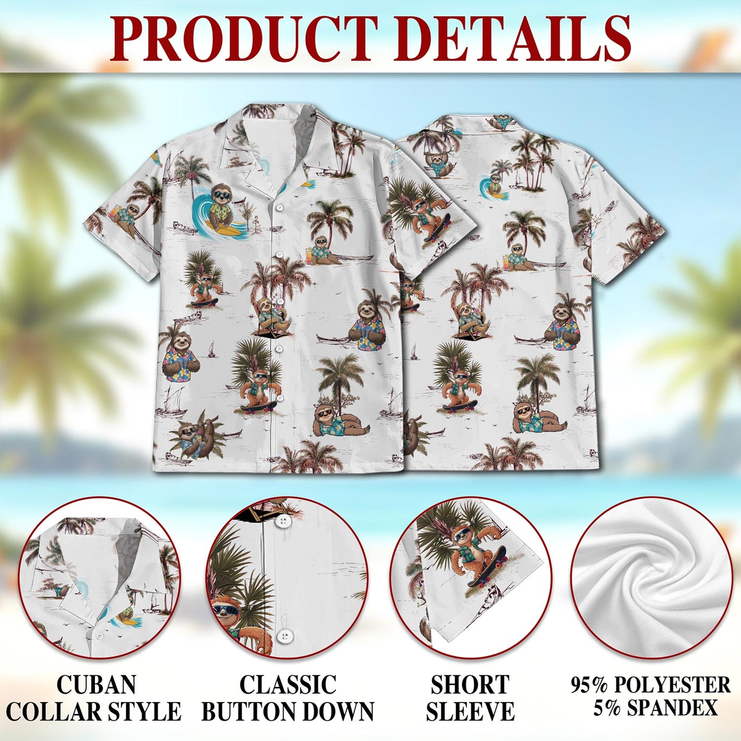 Netecom Funny Sloth Pattern Hawaiian Shirt for Men, Retro Style, Button Down Summer Beach Short Sleeve, S-5XL