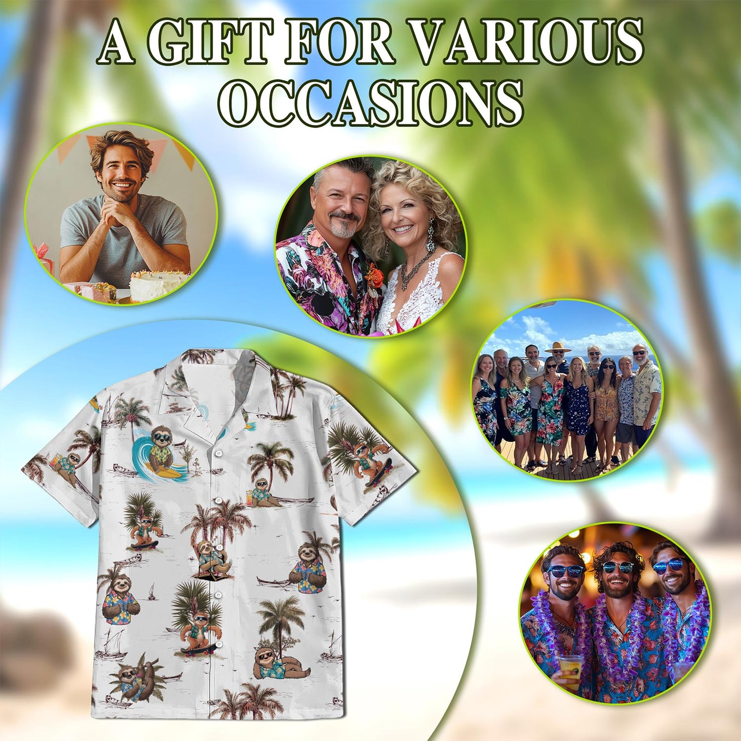 Netecom Funny Sloth Pattern Hawaiian Shirt for Men, Retro Style, Button Down Summer Beach Short Sleeve, S-5XL