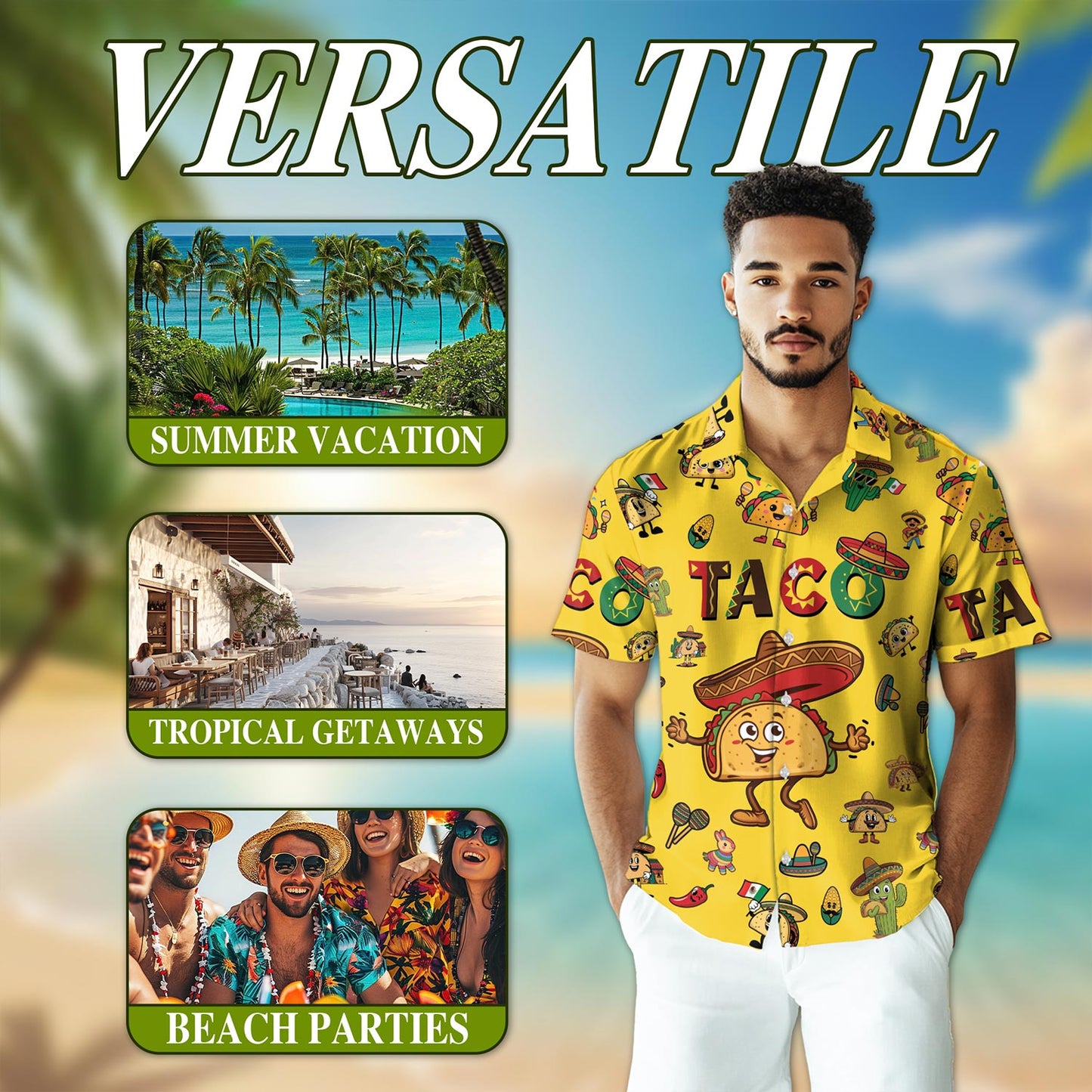 Netecom Funny Taco Print Hawaiian Shirt for Men, Cute Mexican Food Lover Gifts, Button Down Summer Beach Short Sleeve, S-5XL