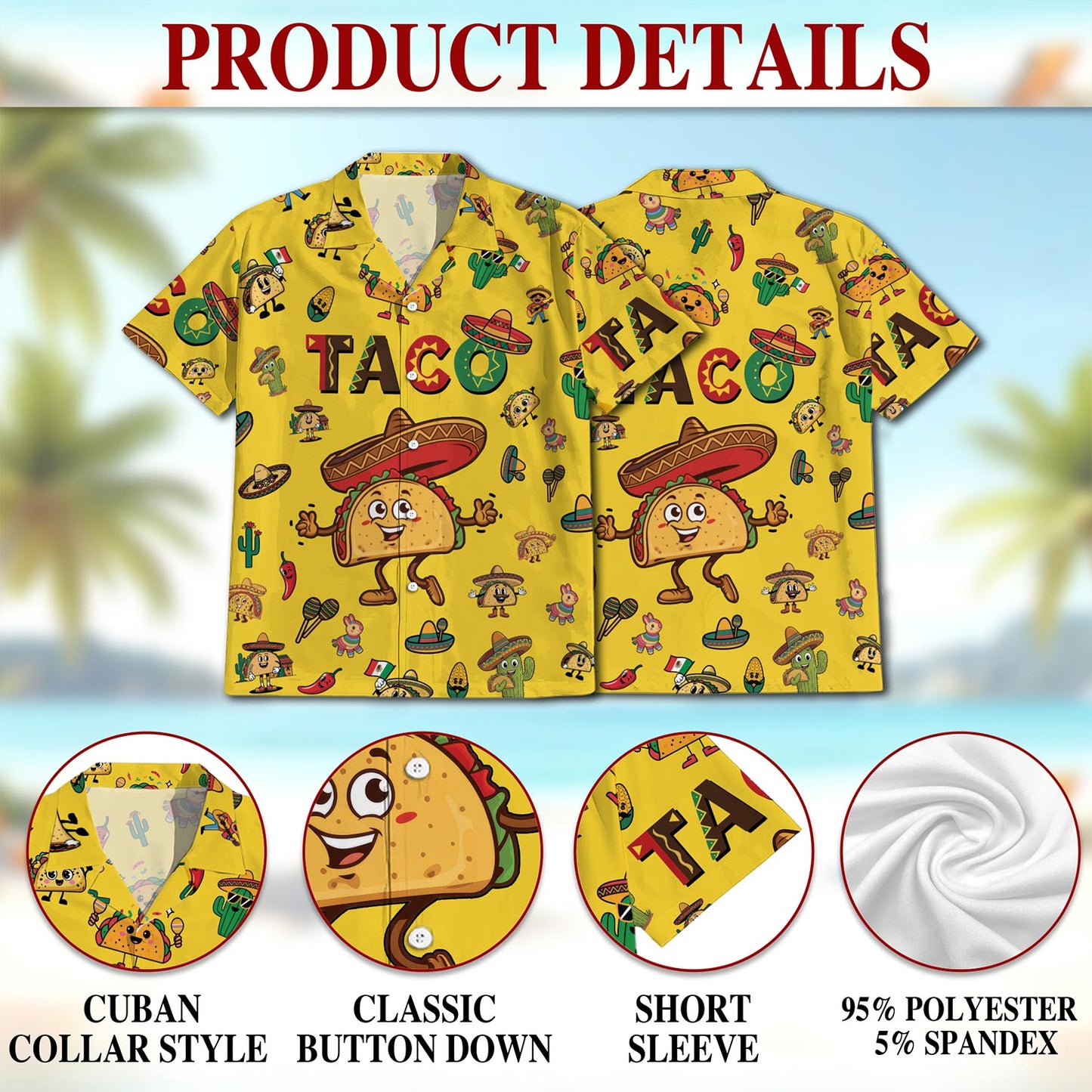 Netecom Funny Taco Print Hawaiian Shirt for Men, Cute Mexican Food Lover Gifts, Button Down Summer Beach Short Sleeve, S-5XL