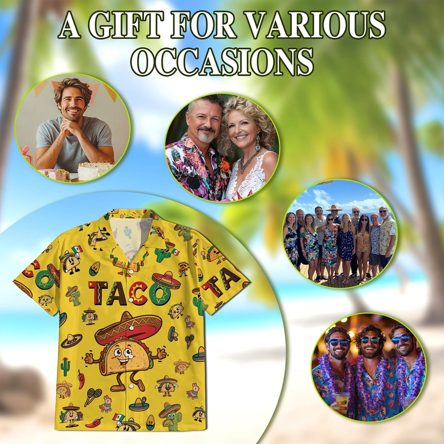 Netecom Funny Taco Print Hawaiian Shirt for Men, Cute Mexican Food Lover Gifts, Button Down Summer Beach Short Sleeve, S-5XL