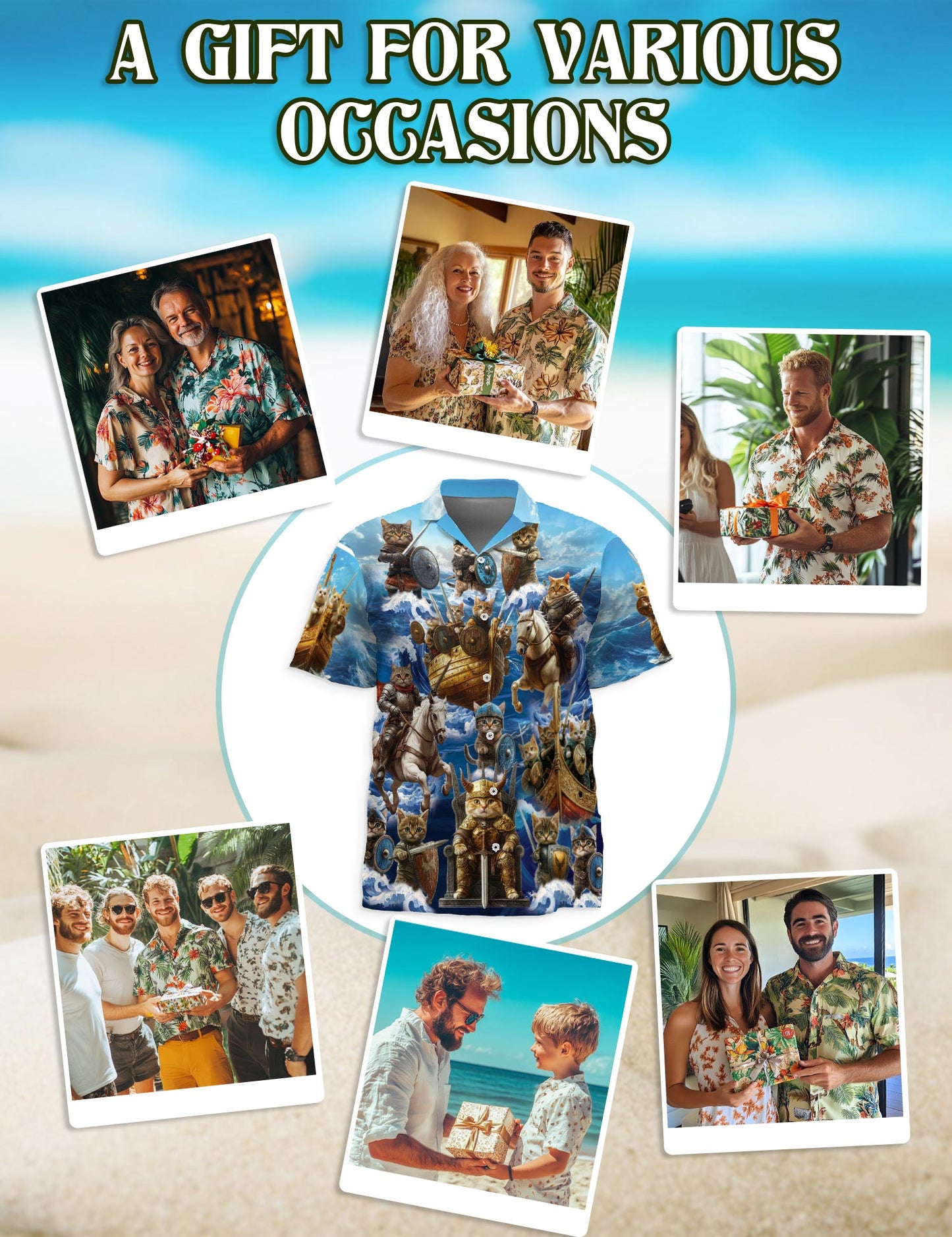 Netecom Funny Viking Cat Hawaiian Shirt for Men, Nordic Norse Mythology Kittens Button Down Summer Beach Short Sleeve, S-5XL