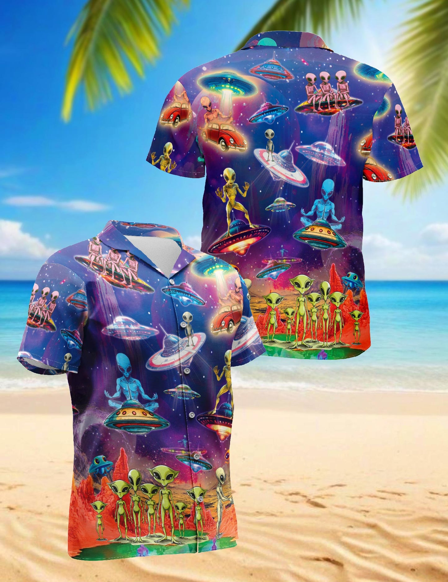 Netecom Galaxy Alien UFO Hawaiian Shirt for Men, Sci-Fi Style, Button Down Summer Beach Short Sleeve, S-5XL