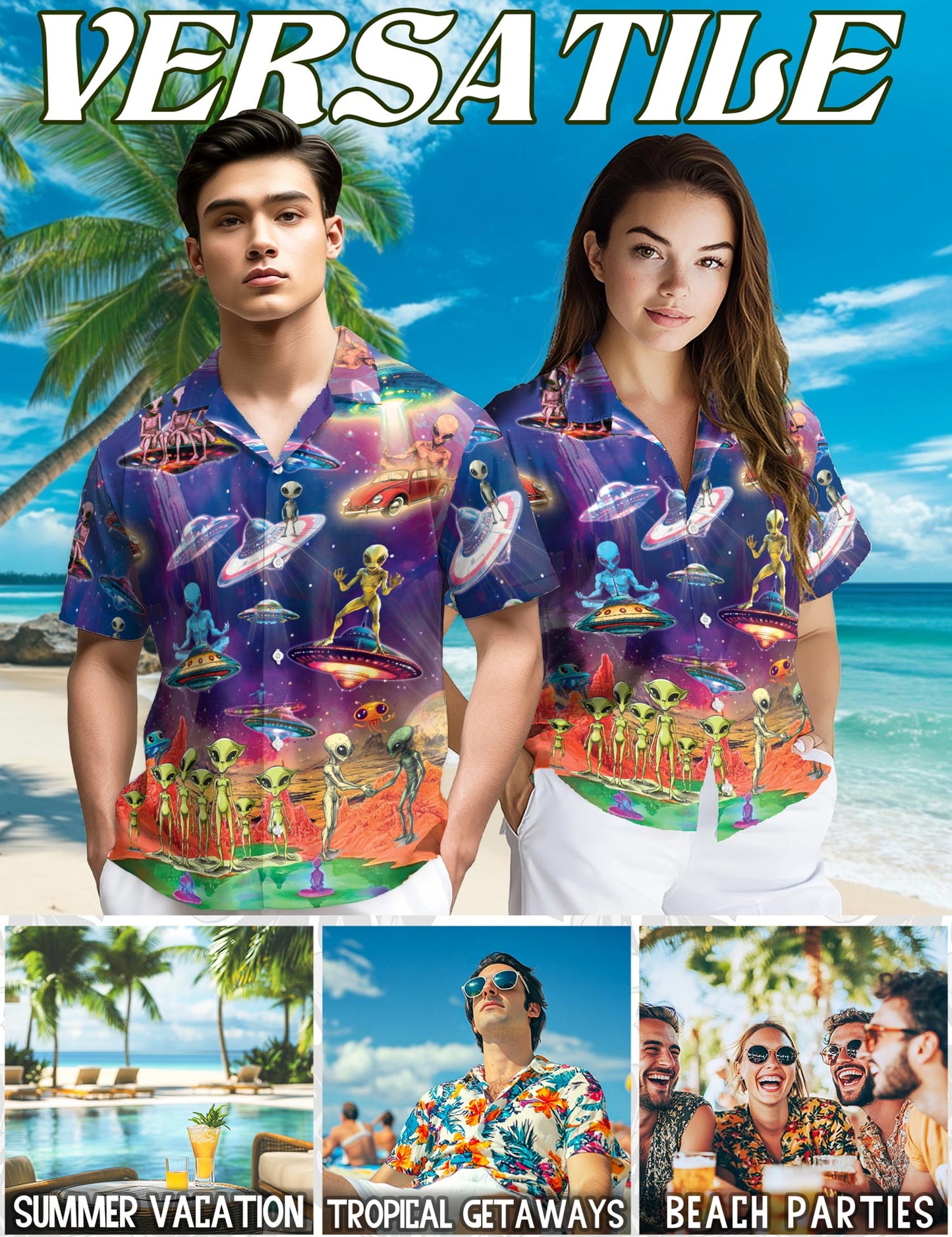 Netecom Galaxy Alien UFO Hawaiian Shirt for Men, Sci-Fi Style, Button Down Summer Beach Short Sleeve, S-5XL