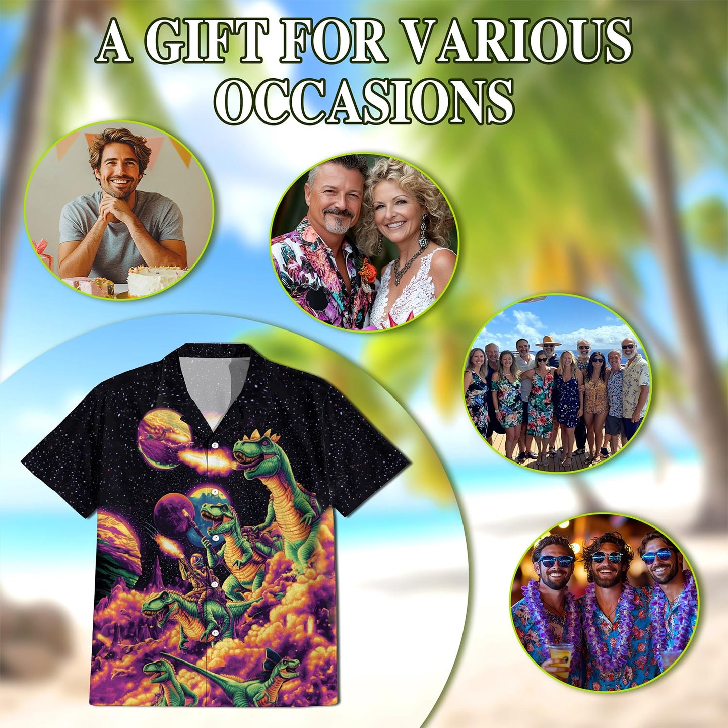 Netecom Galaxy Dinosaurs Hawaiian Shirt for Men, Button Down Summer Beach Short Sleeve, Fantasy Style, S-5XL