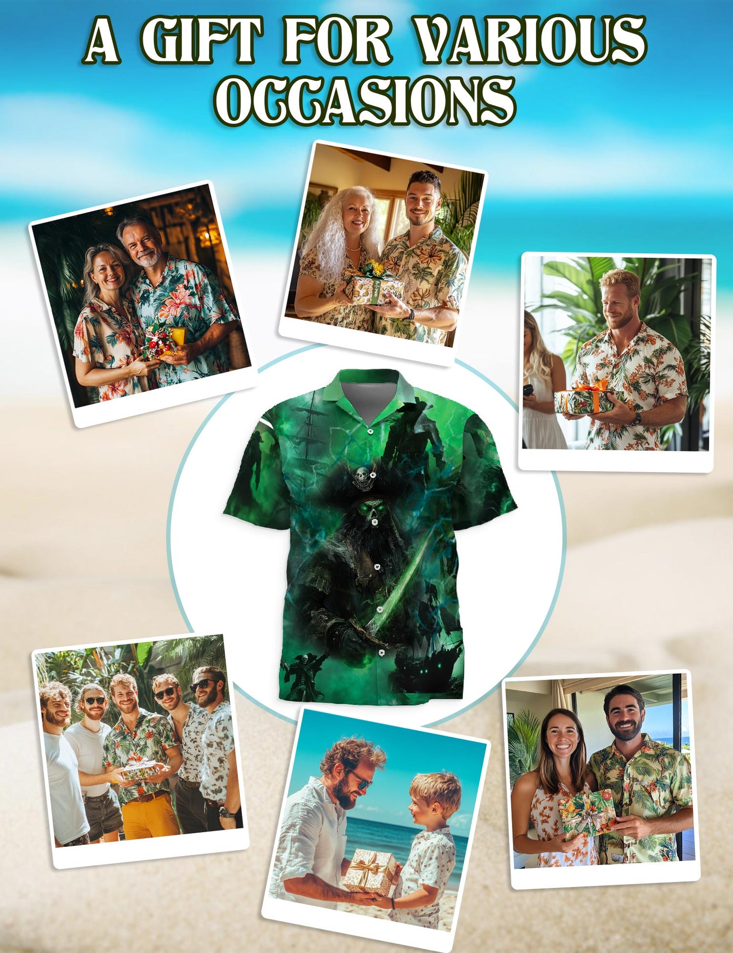 Netecom Ghost Pirate Ship Hawaiian Shirt for Men, Button Down Summer Beach Short Sleeve, Sizes S-5XL