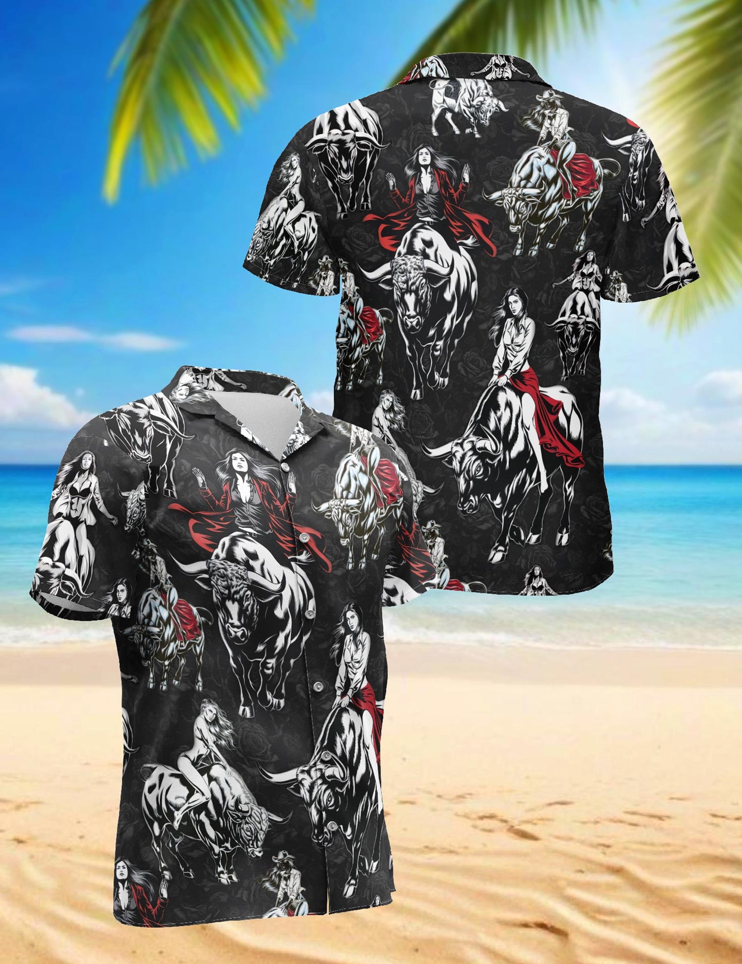 Netecom Girl Riding Bull Hawaiian Shirt for Men, Button Down Summer Beach Short Sleeve, S-5XL