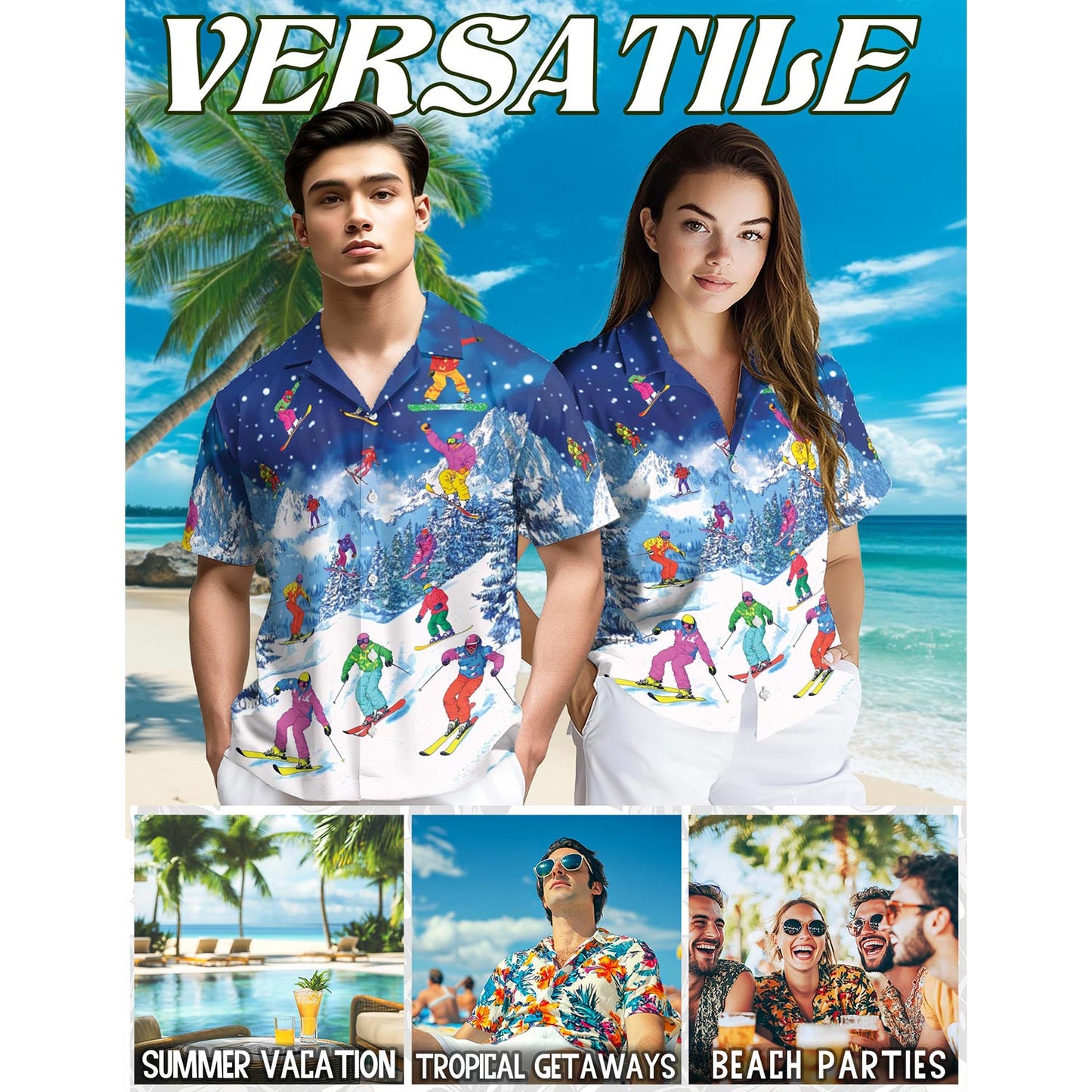 Netecom Go Skiing This Winter Hawaiian Shirt for Men, Sport Style, Button Down Summer Beach Short Sleeve, S-5XL