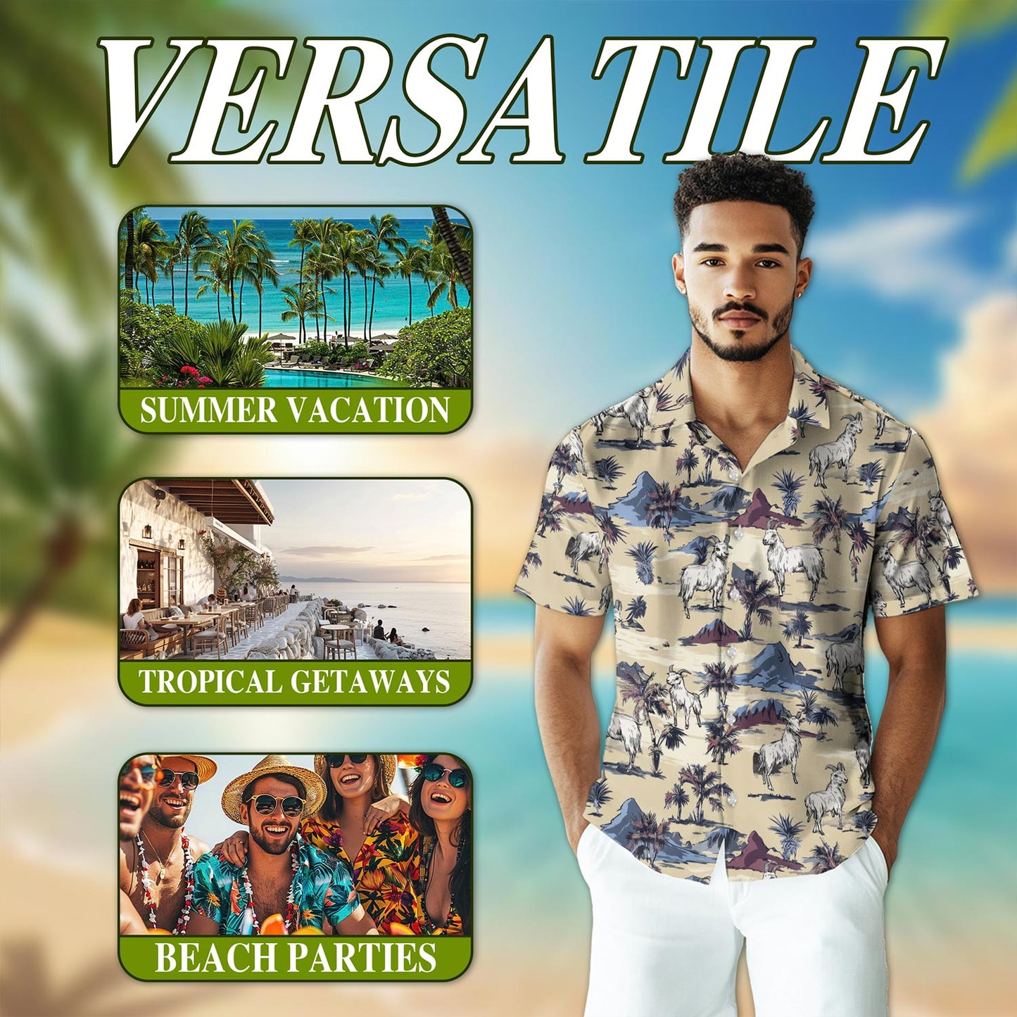 Netecom Goat Island Hawaiian Shirt for Men, Tropical Style, Button Down Summer Beach Short Sleeve, S-5XL