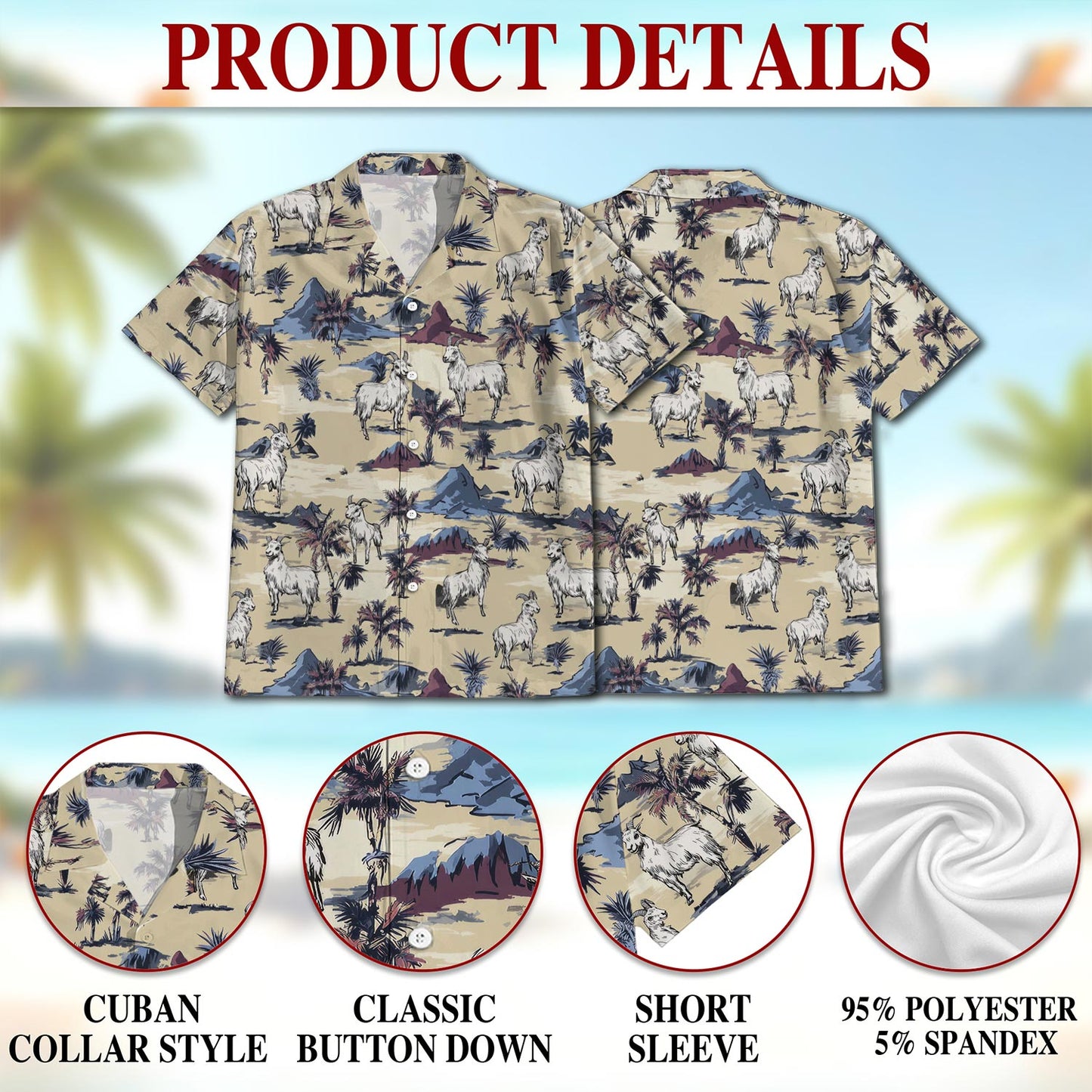 Netecom Goat Island Hawaiian Shirt for Men, Tropical Style, Button Down Summer Beach Short Sleeve, S-5XL