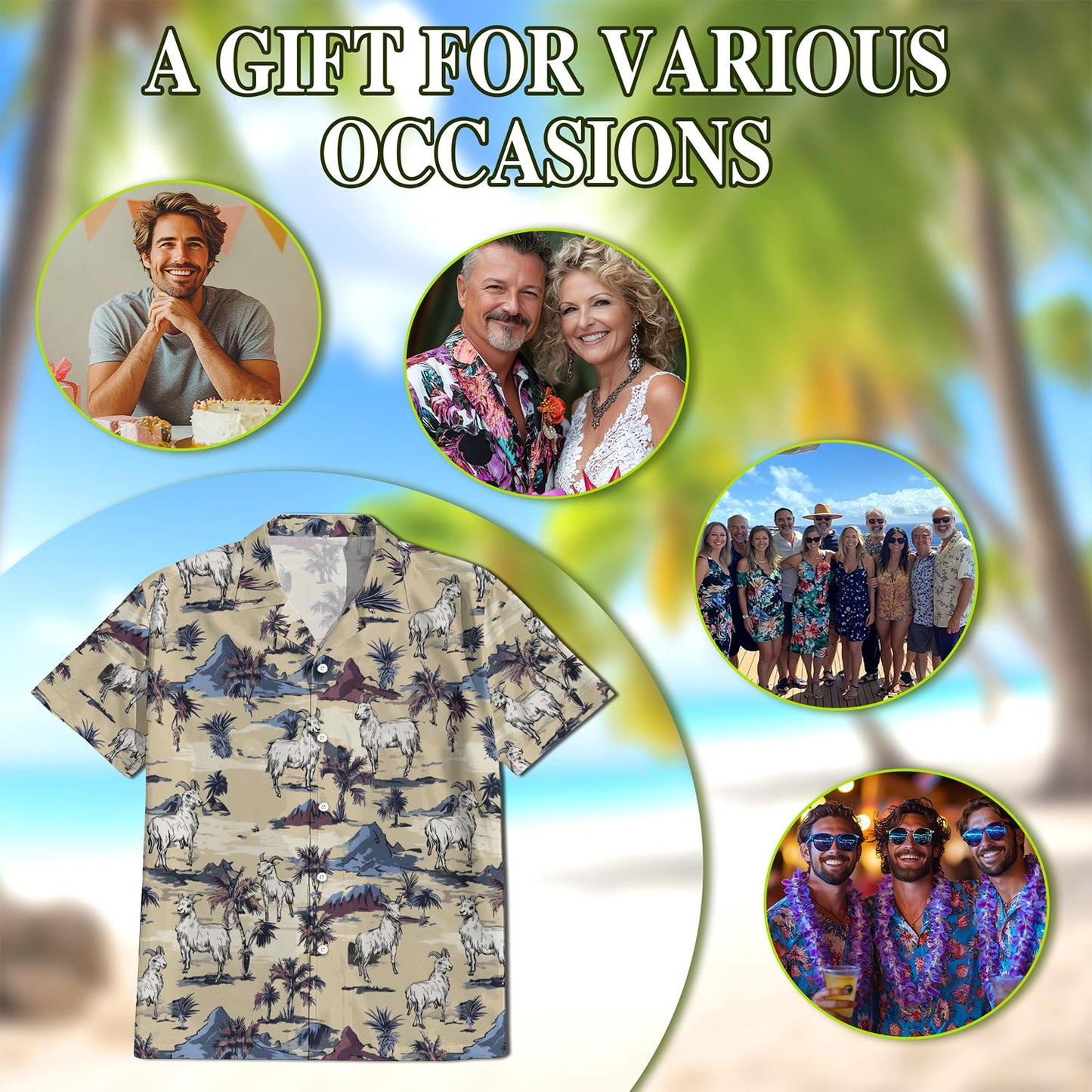 Netecom Goat Island Hawaiian Shirt for Men, Tropical Style, Button Down Summer Beach Short Sleeve, S-5XL