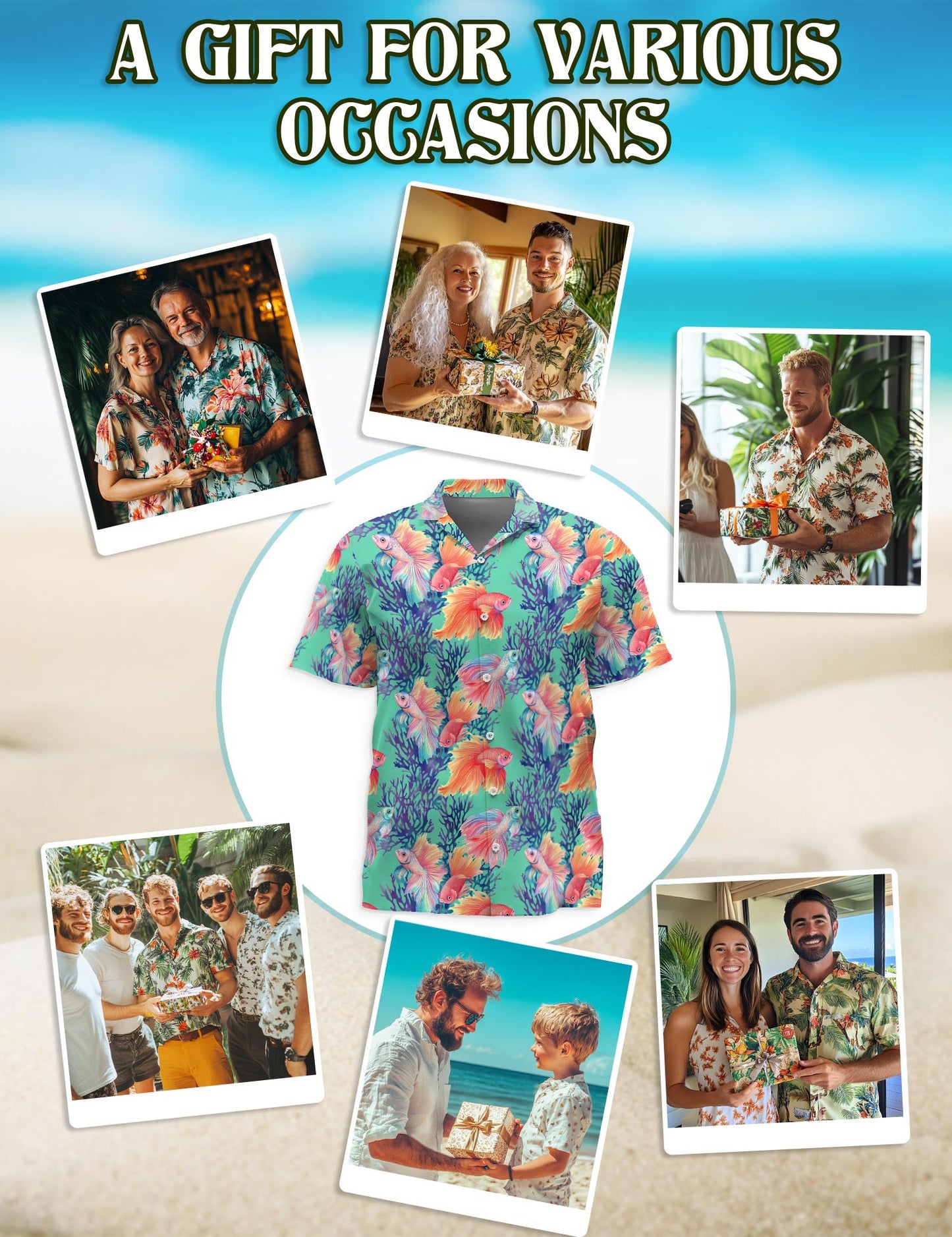 Netecom Golden Fish Hawaiian Shirt for Men, Ocean Style, Button Down Summer Beach Short Sleeve, S-5XL